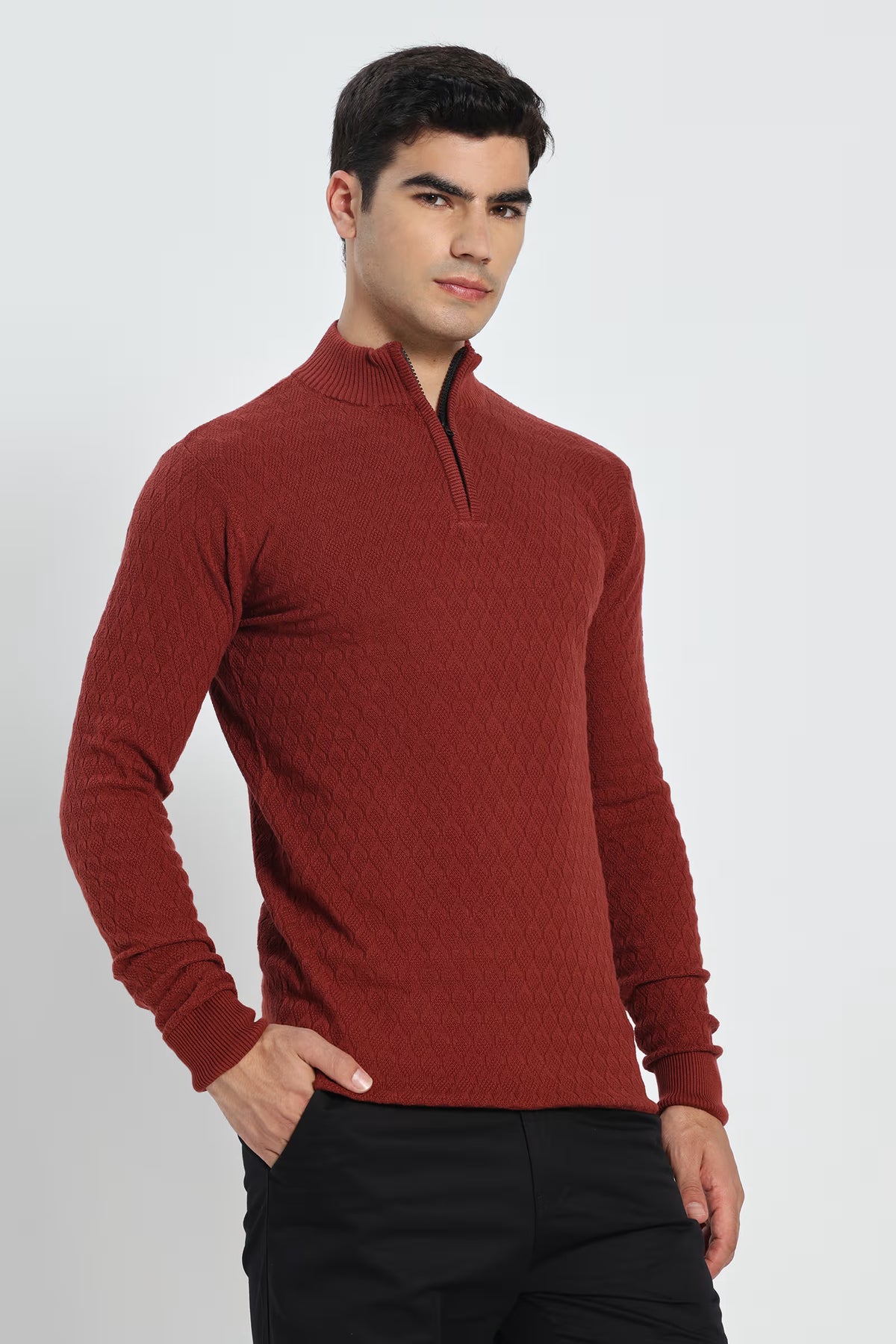 Rauth Men's Solid Half-Zip High Neck Full Sleeve Casual Knitted T-Shirt / Sweater