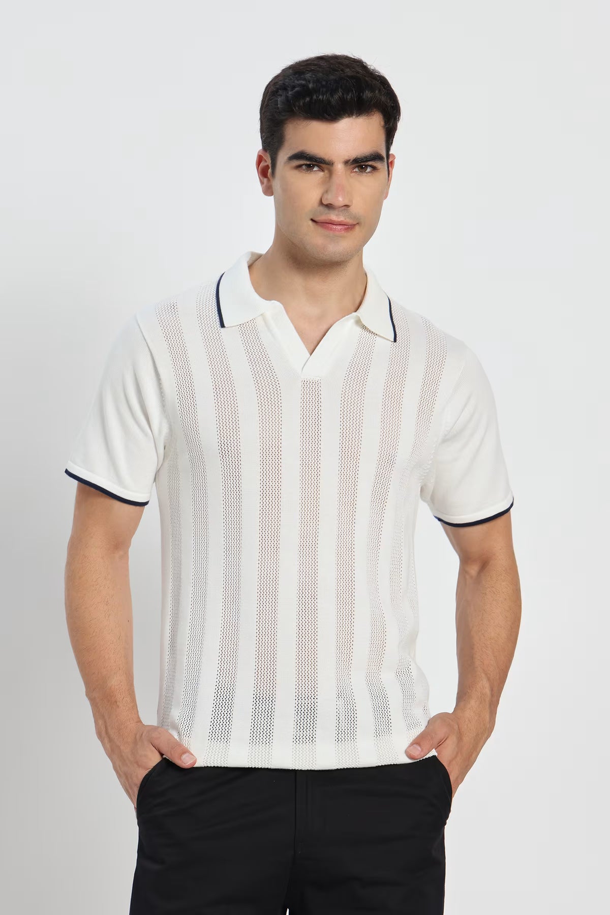 Rauth Men Striped Textured Knitted Polo Collar Casual T-Shirt