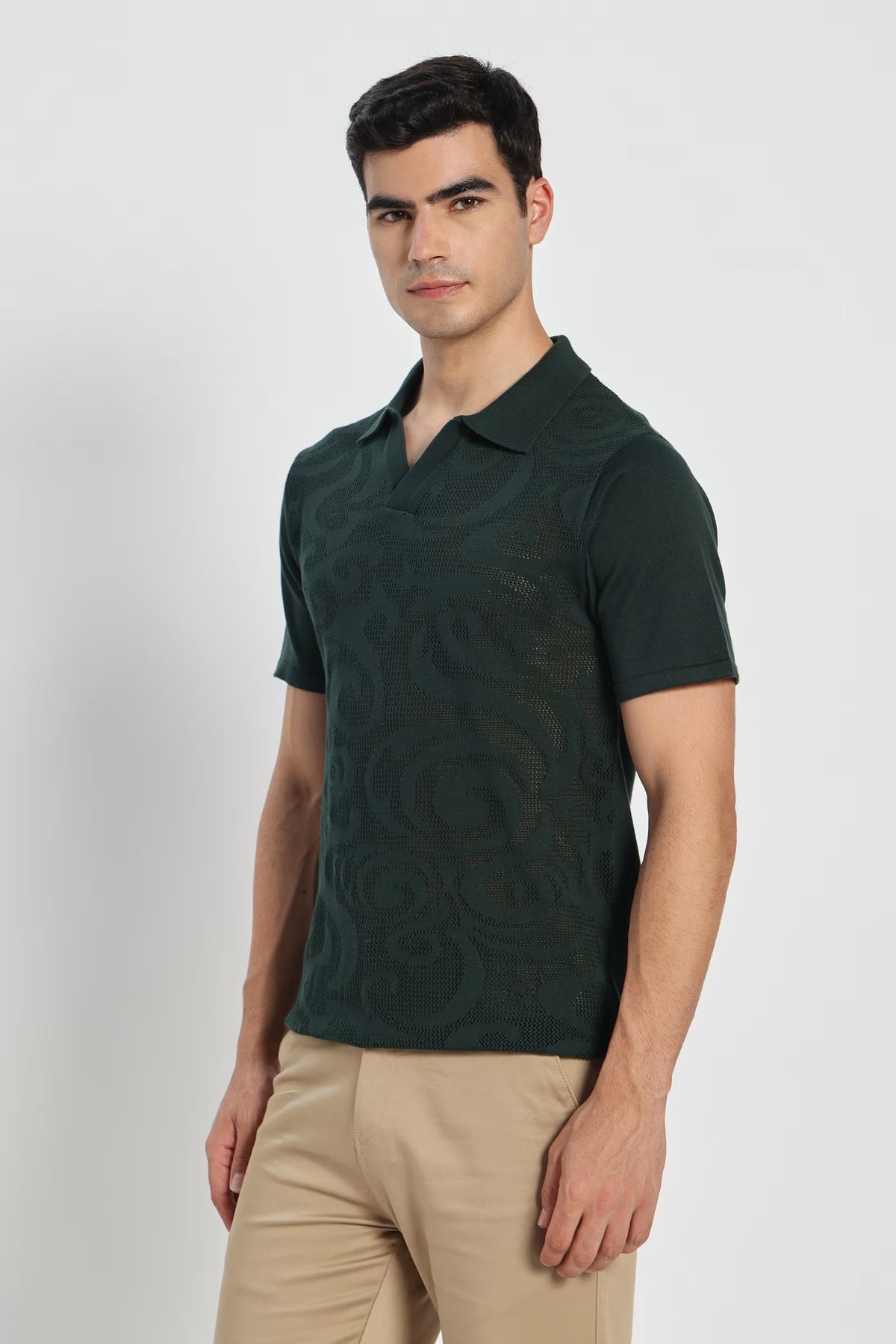 Rauth Men Self-Design Textured Knitted Polo Collar Casual T-Shirt