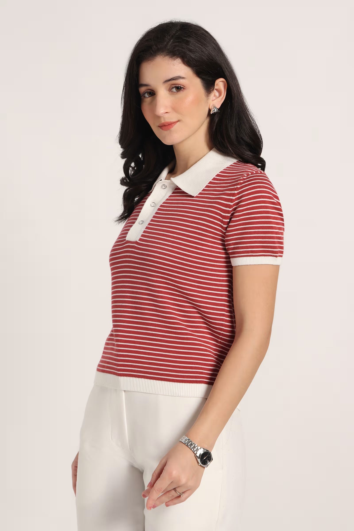 Rauth Women Knitted Polo Collar Top | Short Sleeve Textured Knit T-Shirt | Stylish Casual Western Wear Top for Women