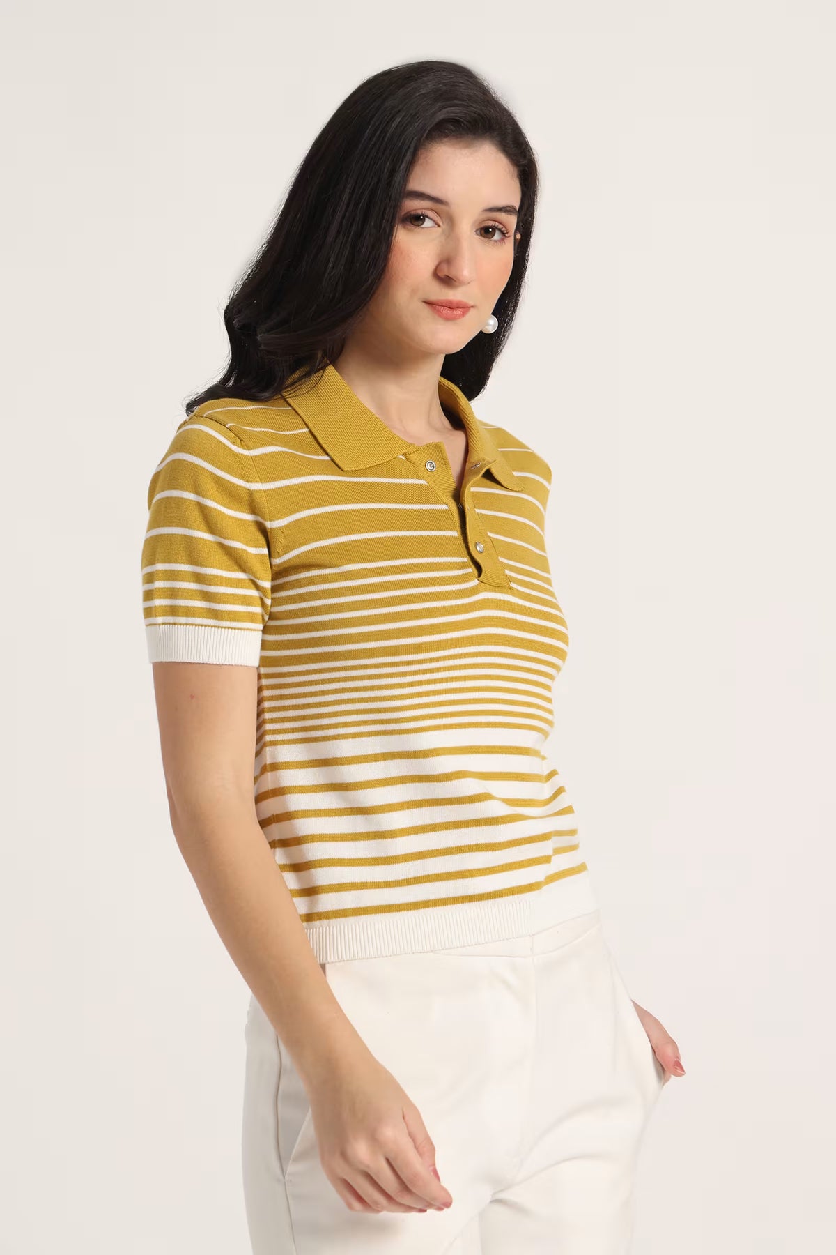 Rauth Women’s Striped Polo Neck T-Shirt Half Sleeve Knitted Top Regular Fit Casual Stylish Ribbed Collar Button Placket T-Shirt for Women