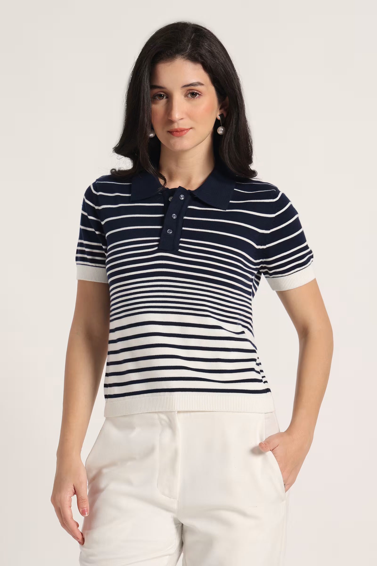 Rauth Women Knitted Polo Collar Top | Short Sleeve Textured Knit T-Shirt | Stylish Casual Western Wear Top for Women