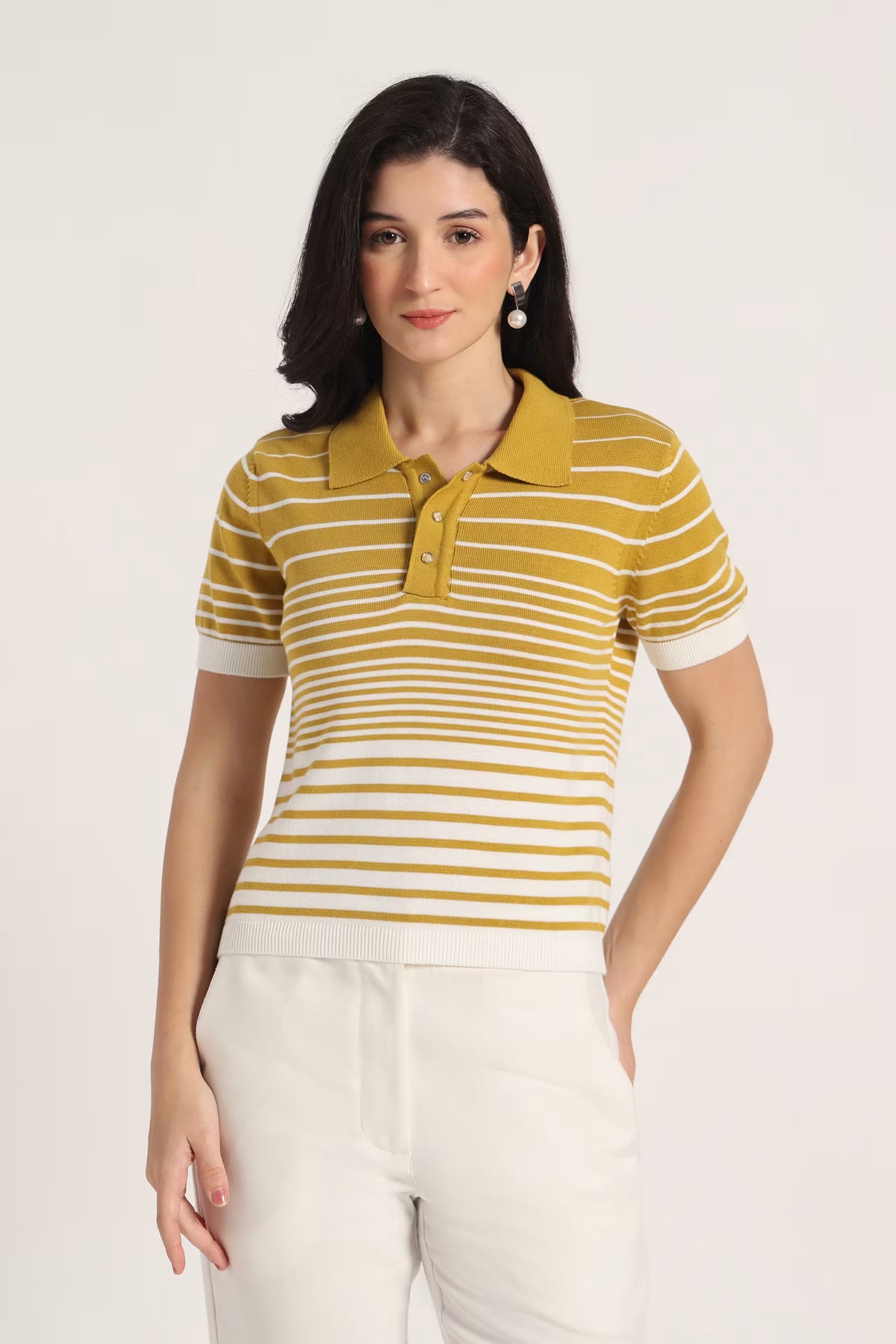 Rauth Women’s Striped Polo Neck T-Shirt Half Sleeve Knitted Top Regular Fit Casual Stylish Ribbed Collar Button Placket T-Shirt for Women