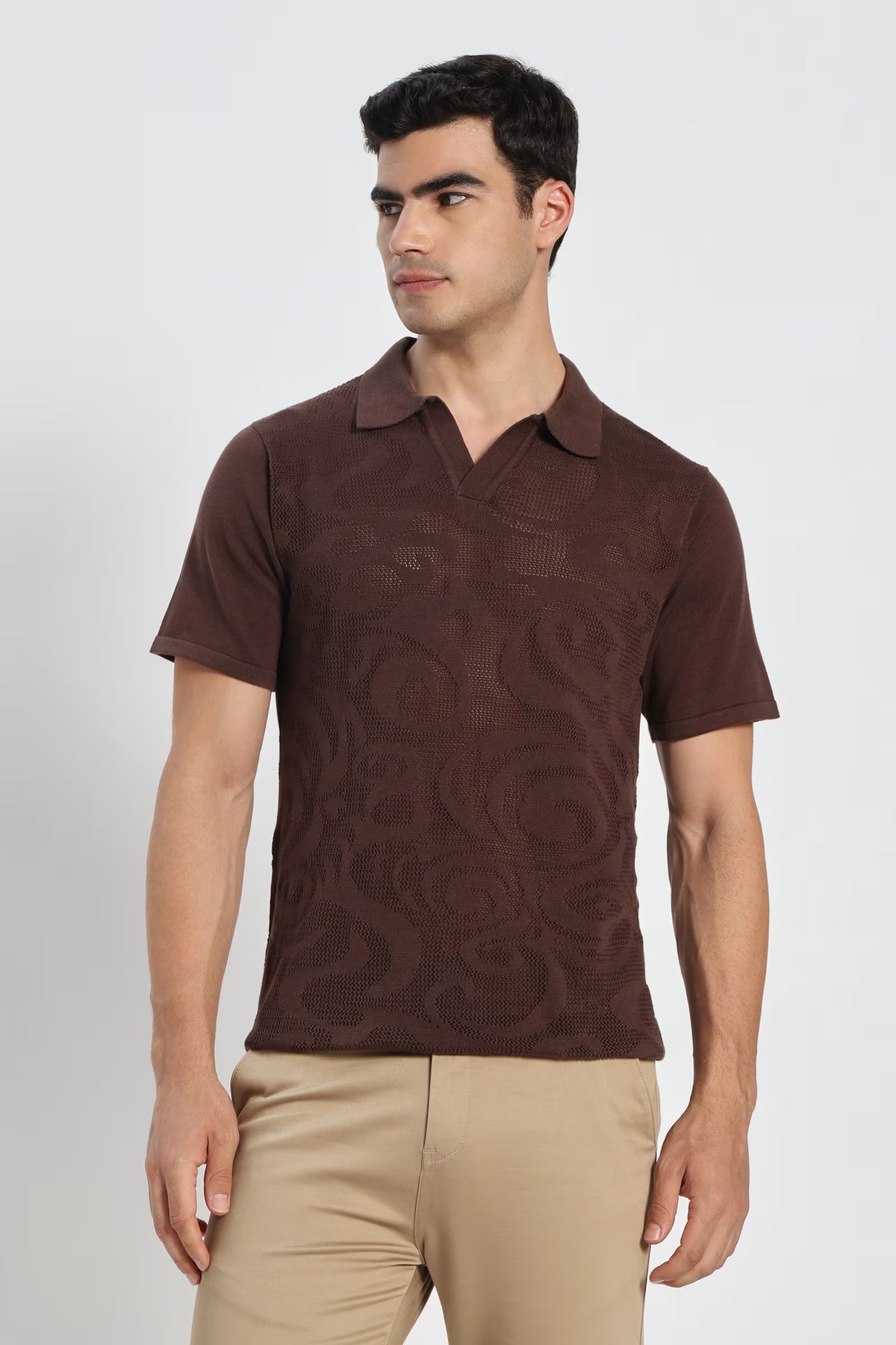 Rauth Men Self-Design Textured Knitted Polo Collar Casual T-Shirt