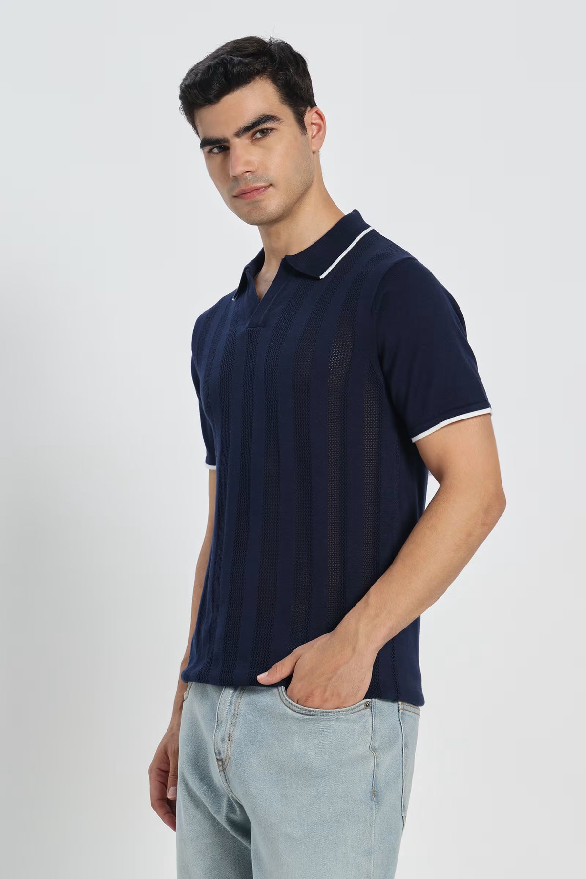 Rauth Men Striped Textured Knitted Polo Collar Casual T-Shirt