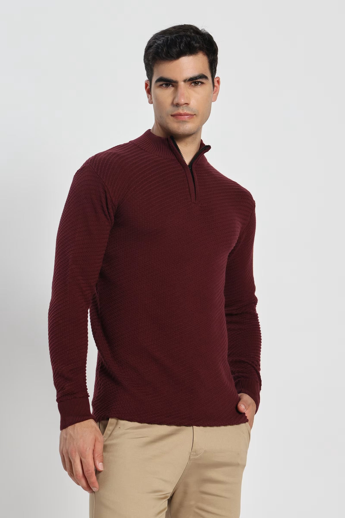 Rauth Men's Solid Half-Zip High Neck Full Sleeve Casual Knitted T-Shirt / Sweater