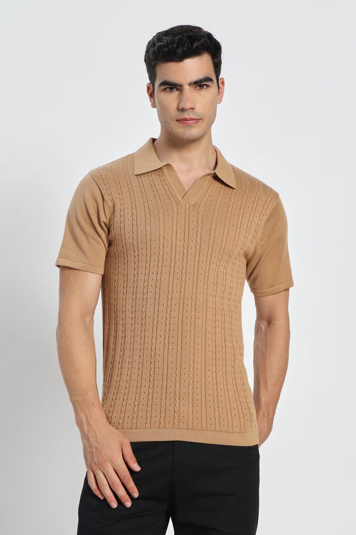 Rauth Men Cable Knitted Textured Polo Collar Casual T-Shirt