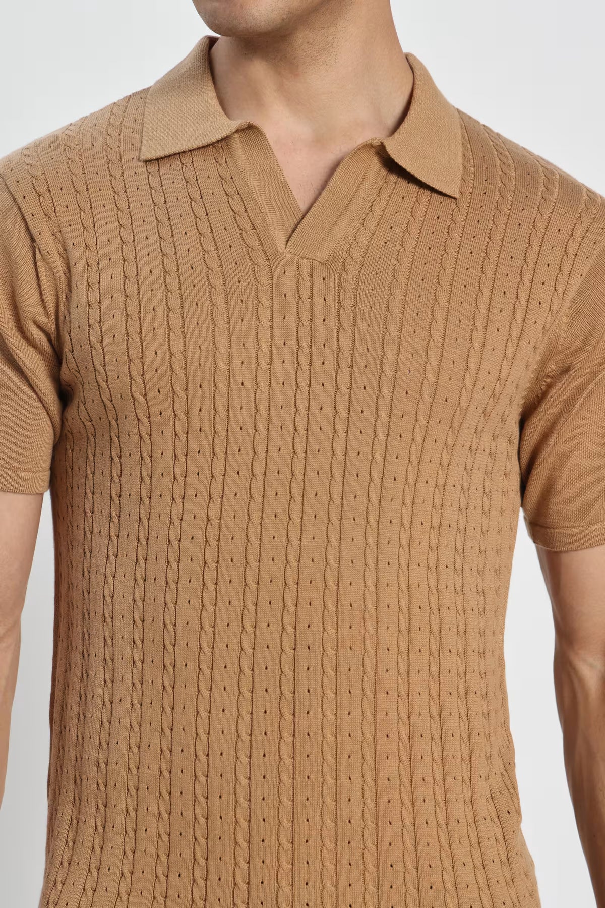 Rauth Men Cable Knitted Textured Polo Collar Casual T-Shirt