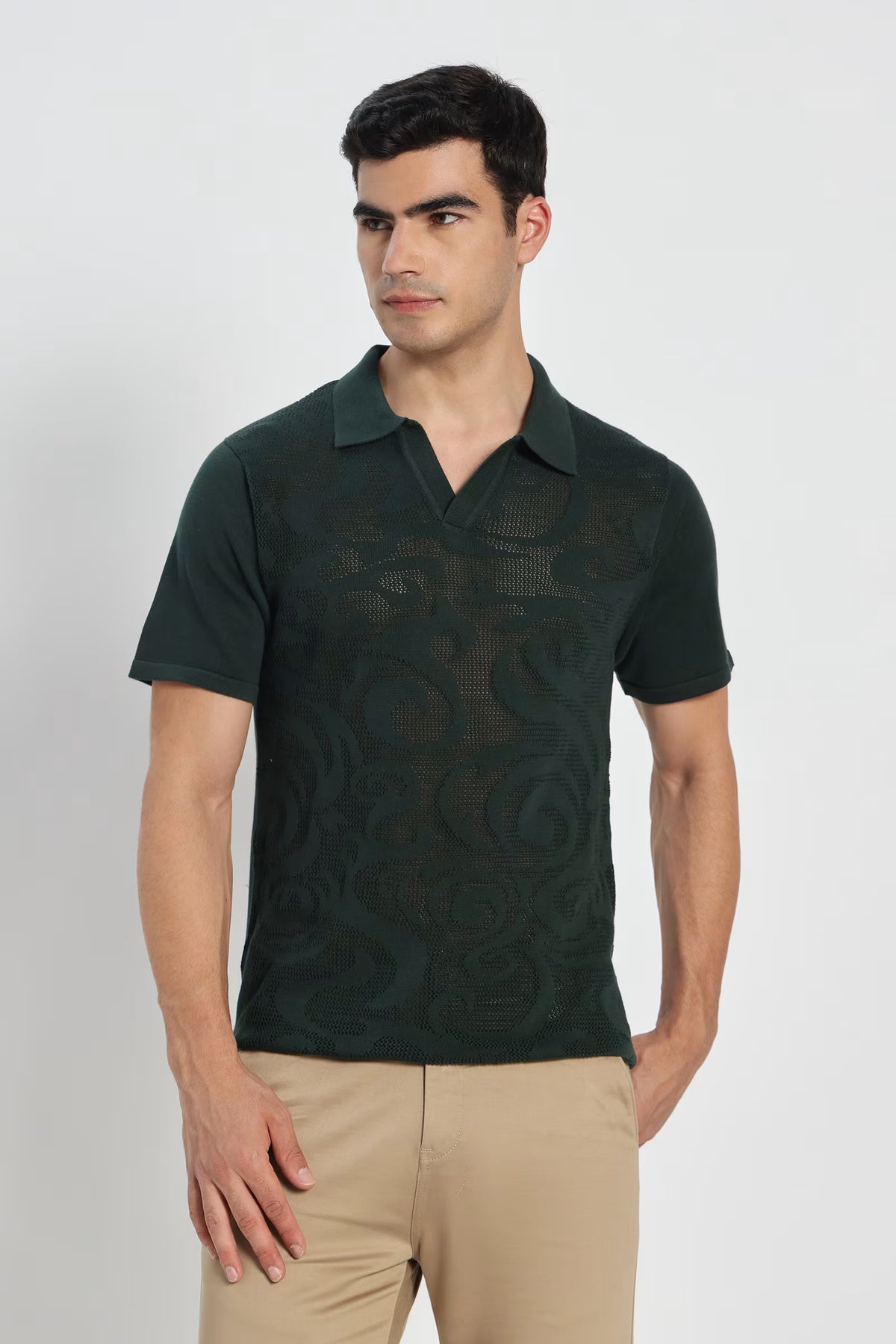 Rauth Men Self-Design Textured Knitted Polo Collar Casual T-Shirt
