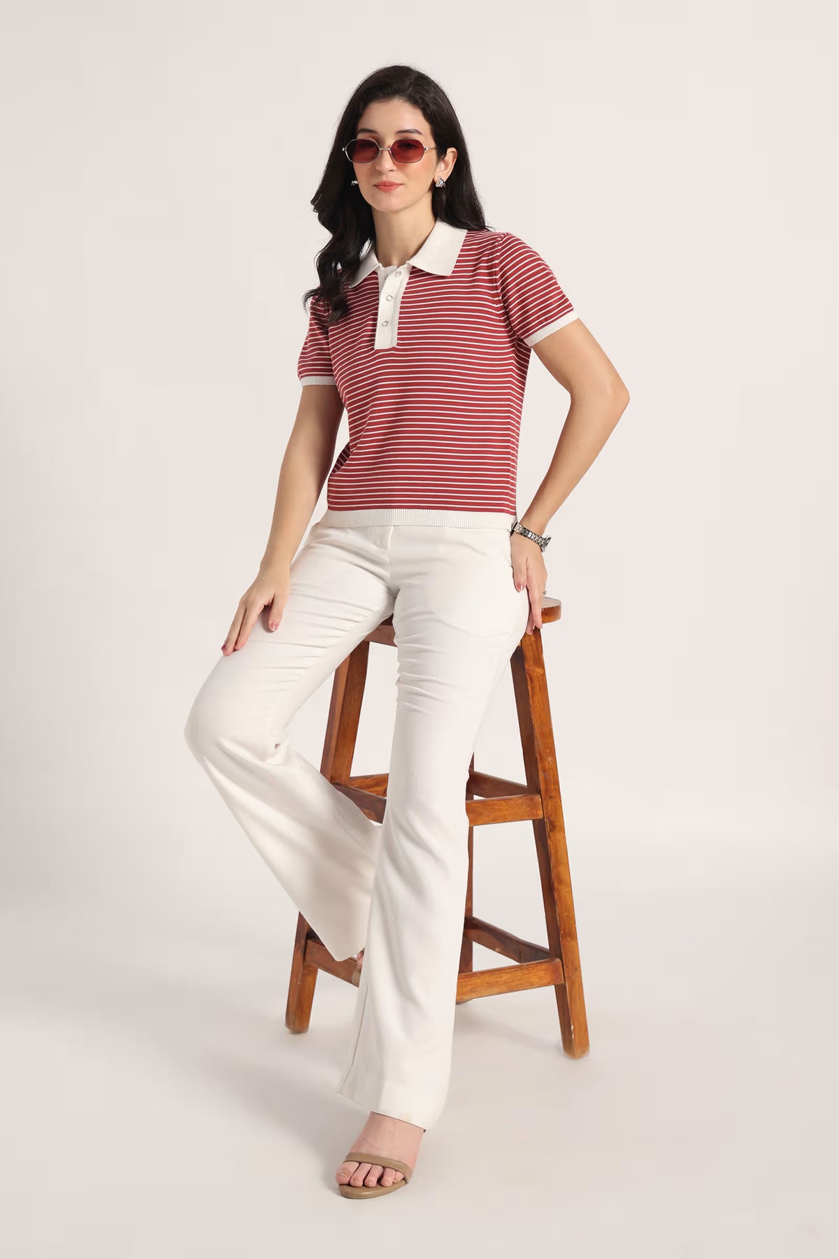 Rauth Women Knitted Polo Collar Top | Short Sleeve Textured Knit T-Shirt | Stylish Casual Western Wear Top for Women