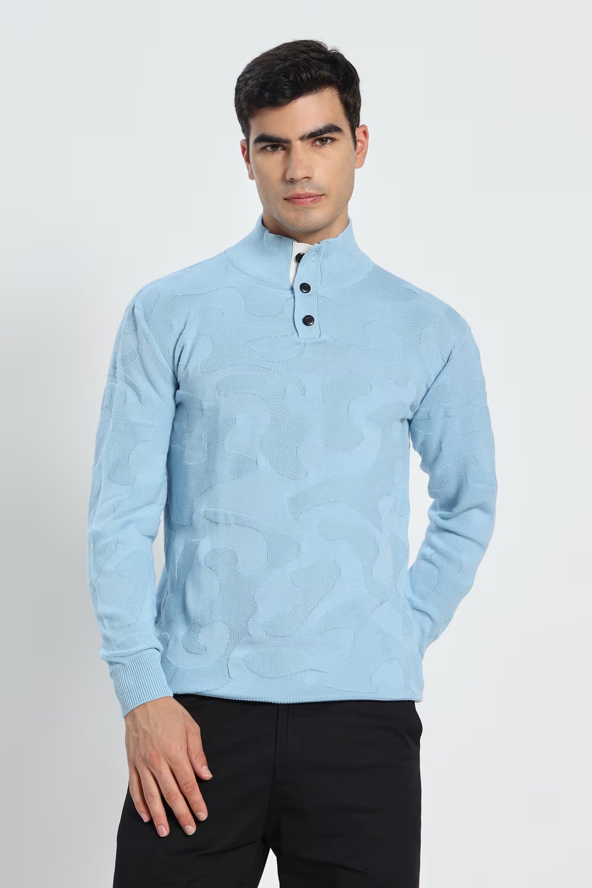Rauth Men Textured Knitted Mock Neck Full Sleeve Casual T-Shirt / Sweater