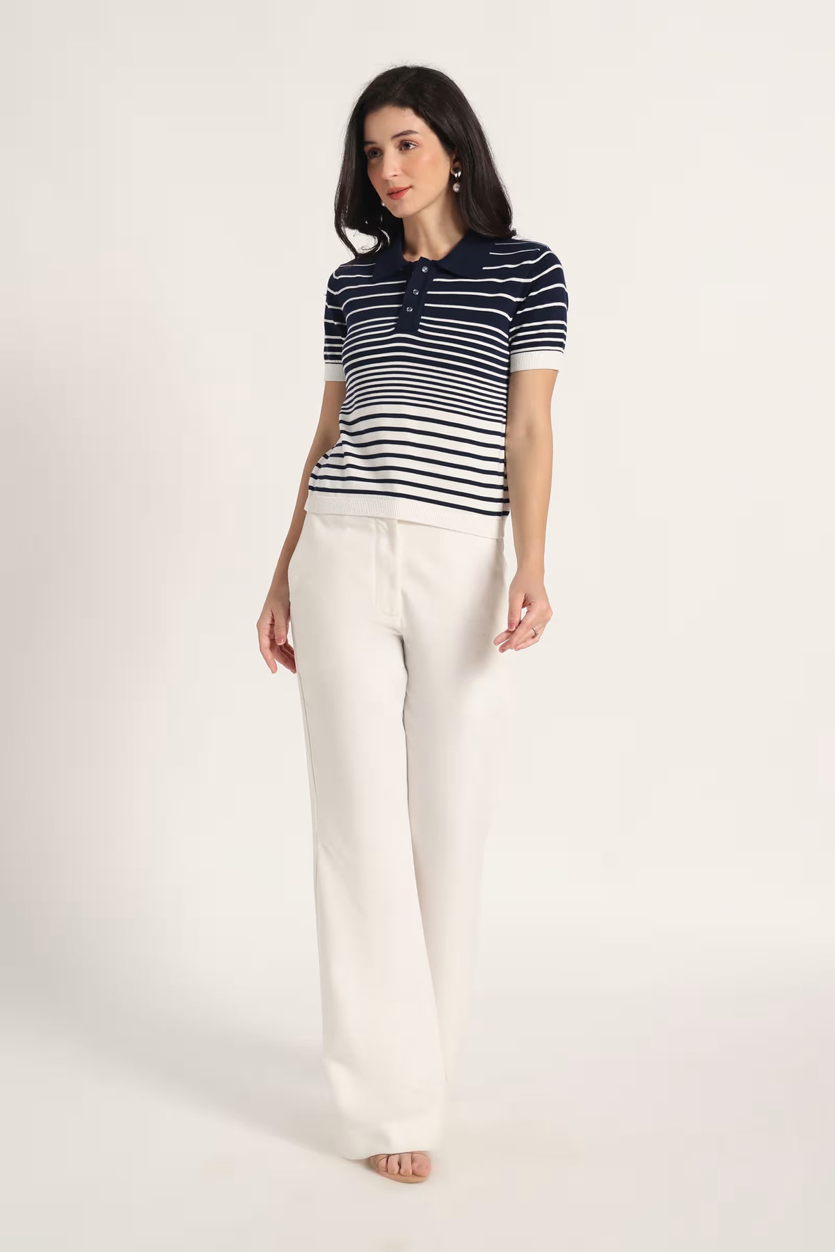 Rauth Women’s Striped Polo Neck T-Shirt Half Sleeve Knitted Top Regular Fit Casual Stylish Ribbed Collar Button Placket T-Shirt for Women