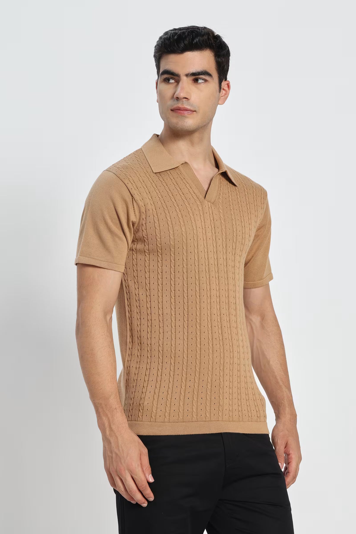 Rauth Men Cable Knitted Textured Polo Collar Casual T-Shirt