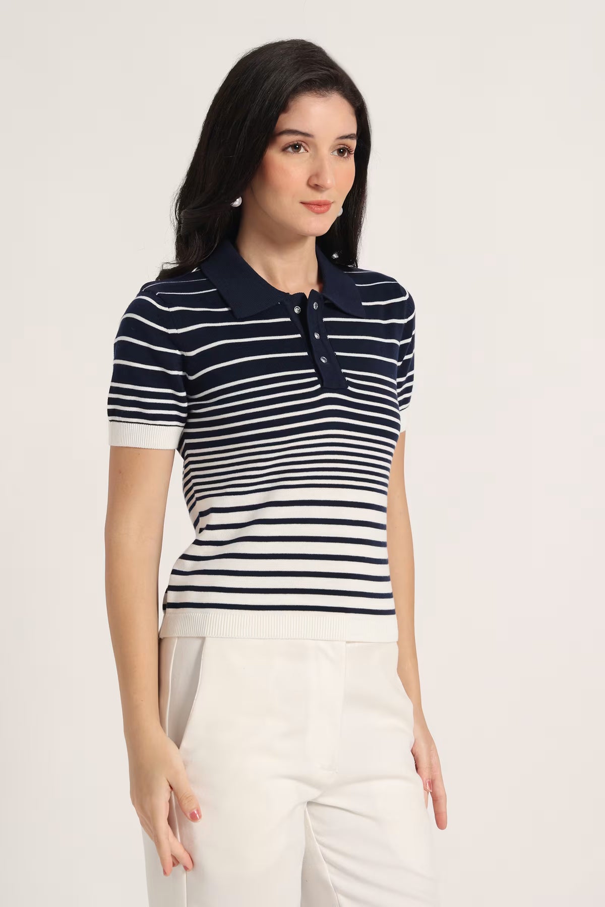 Rauth Women’s Striped Polo Neck T-Shirt Half Sleeve Knitted Top Regular Fit Casual Stylish Ribbed Collar Button Placket T-Shirt for Women