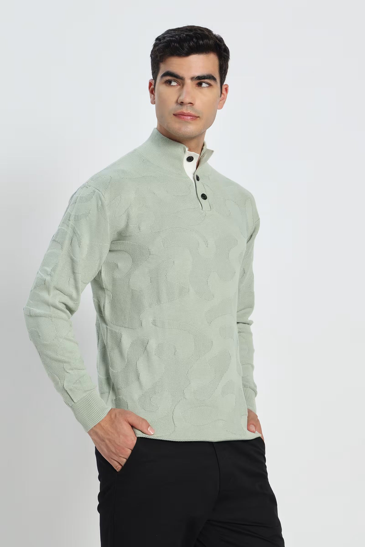 Rauth Men Textured Knitted Mock Neck Full Sleeve Casual T-Shirt / Sweater