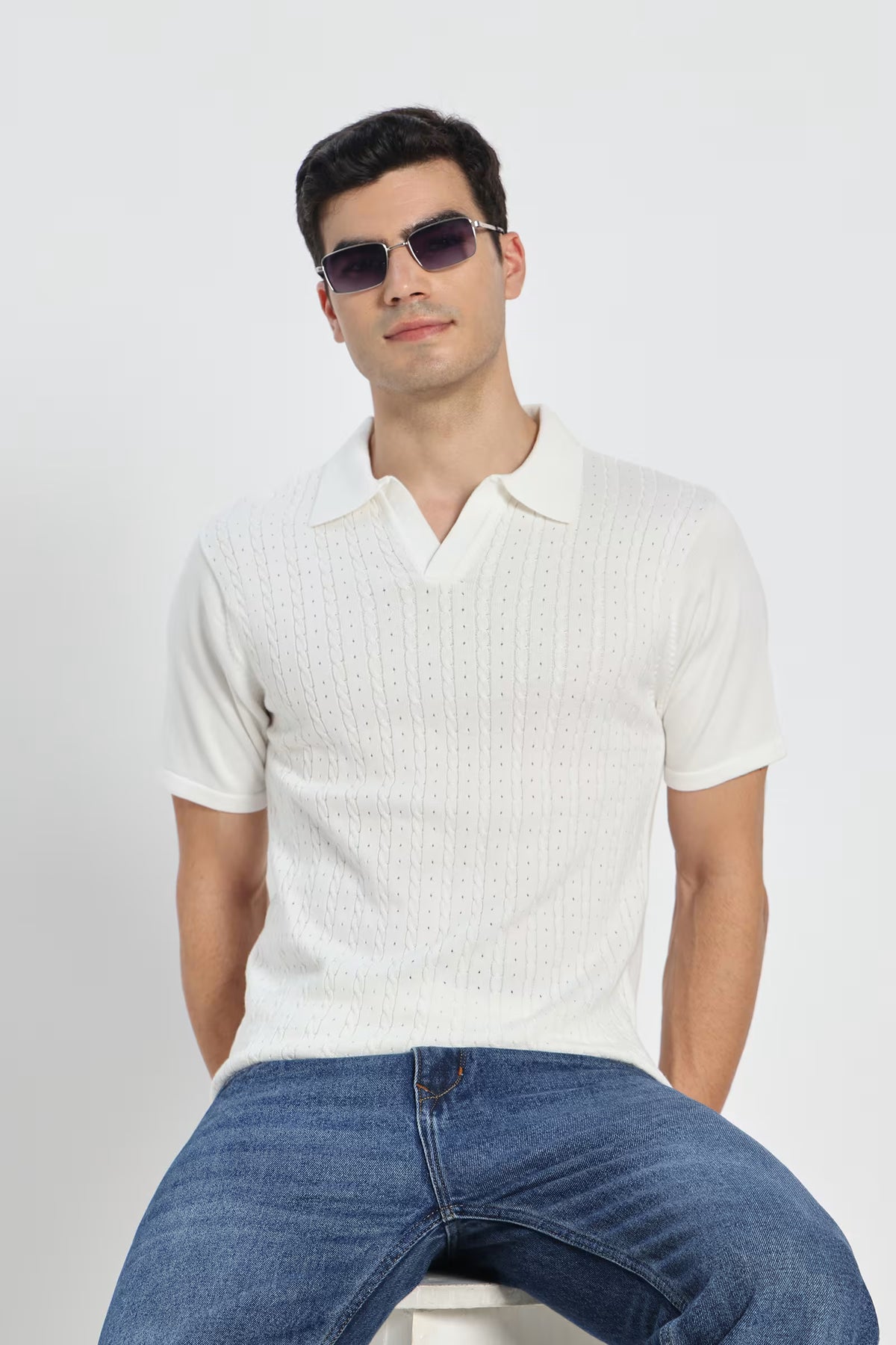 Rauth Men Cable Knitted Textured Polo Collar Casual T-Shirt