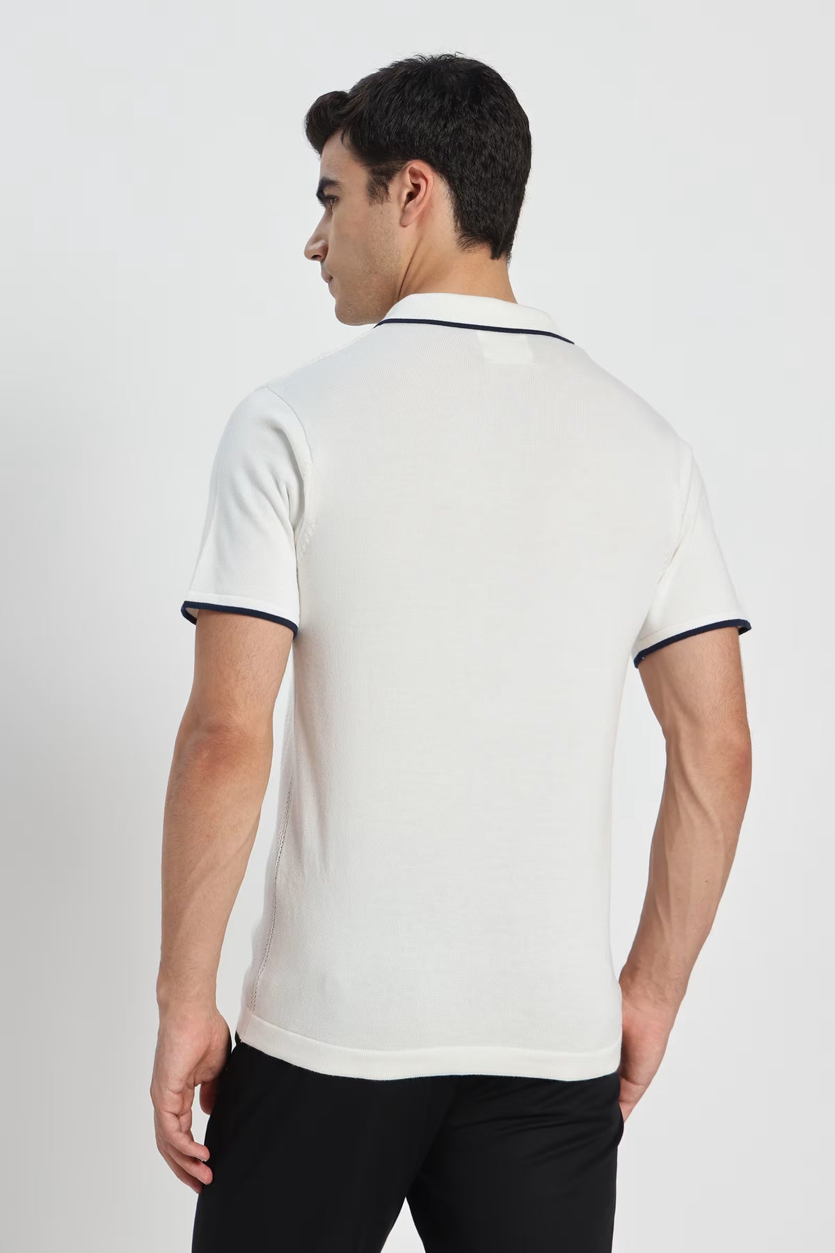 Rauth Men Striped Textured Knitted Polo Collar Casual T-Shirt