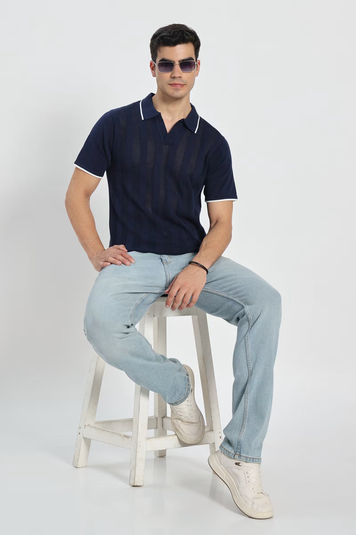 Rauth Men Striped Textured Knitted Polo Collar Casual T-Shirt