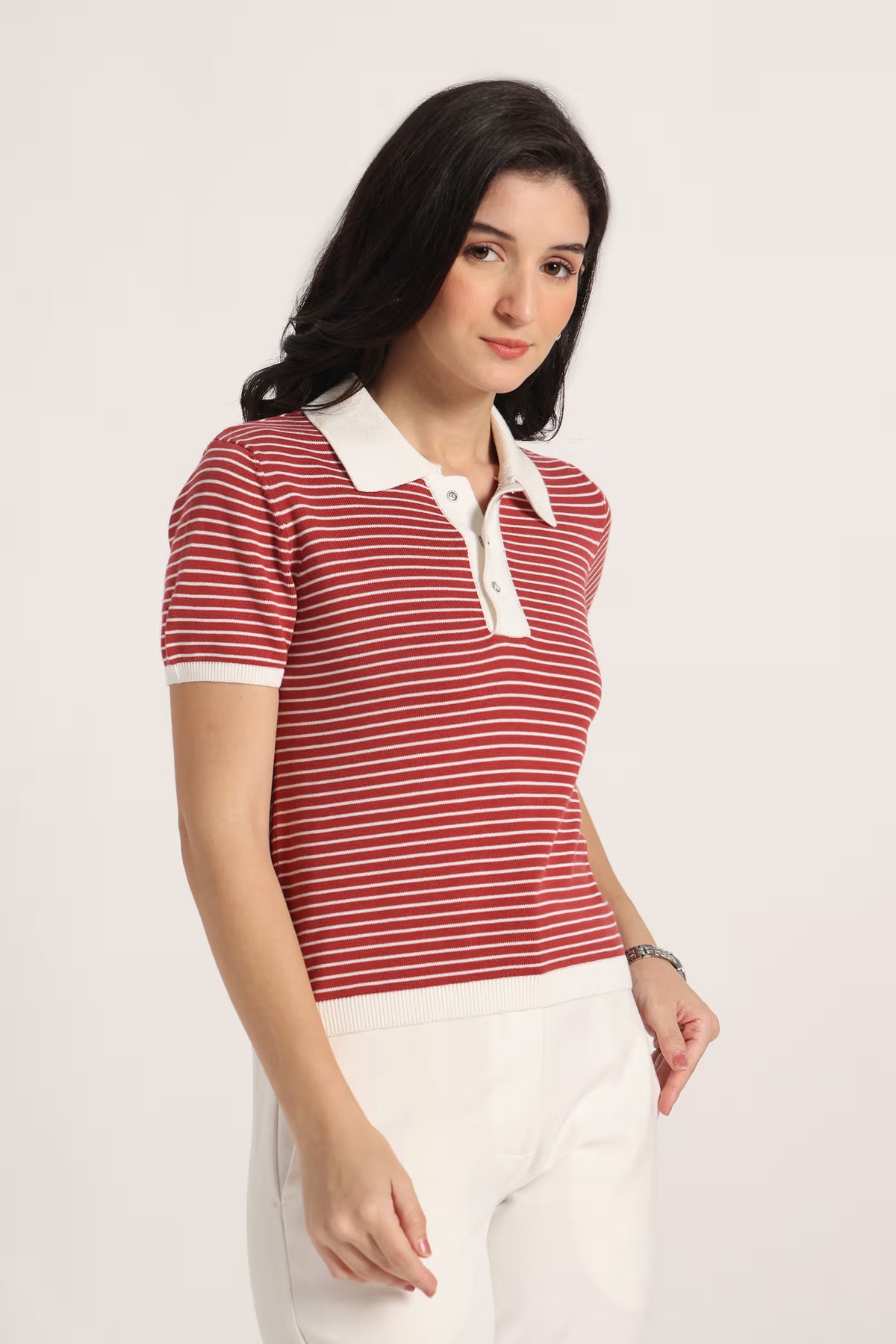 Rauth Women Knitted Polo Collar Top | Short Sleeve Textured Knit T-Shirt | Stylish Casual Western Wear Top for Women