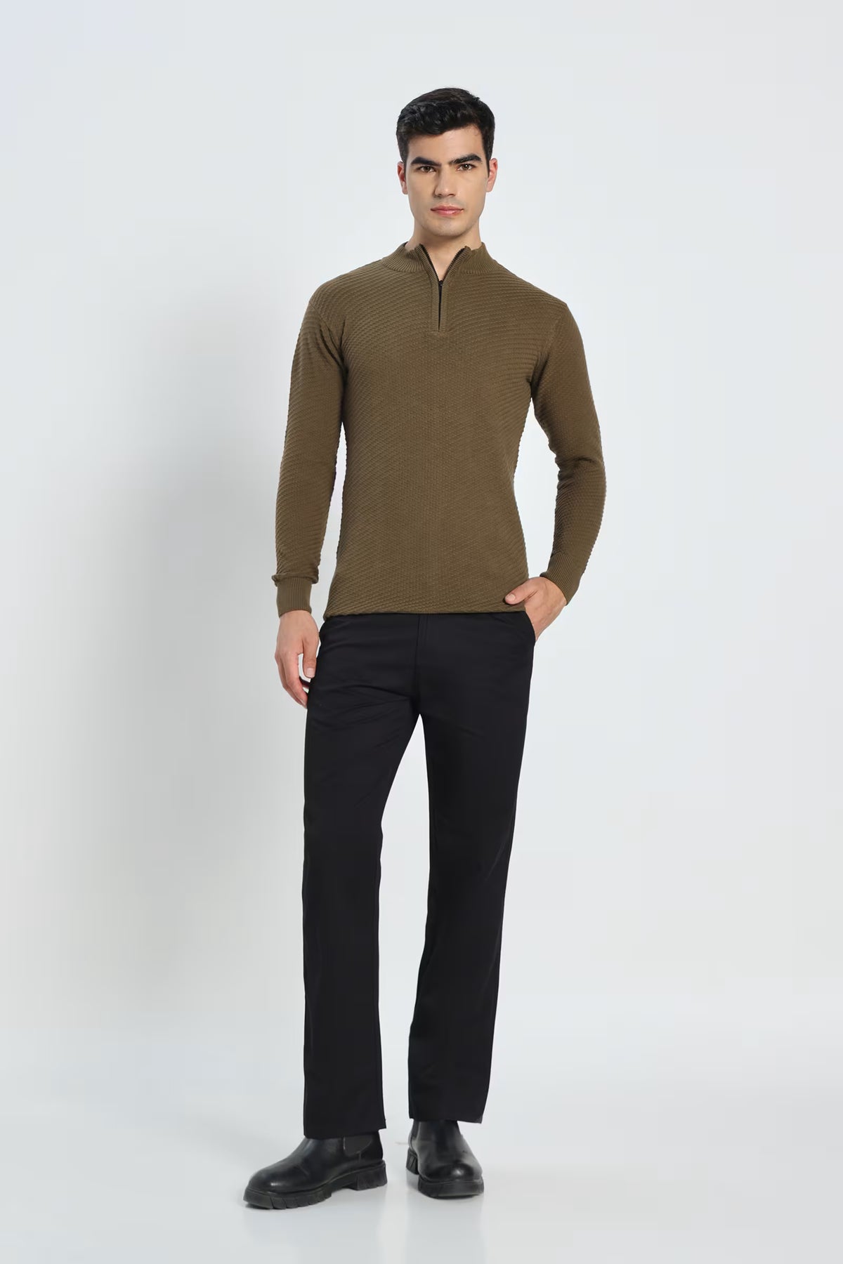 Rauth Men's Solid Half-Zip High Neck Full Sleeve Casual Knitted T-Shirt / Sweater