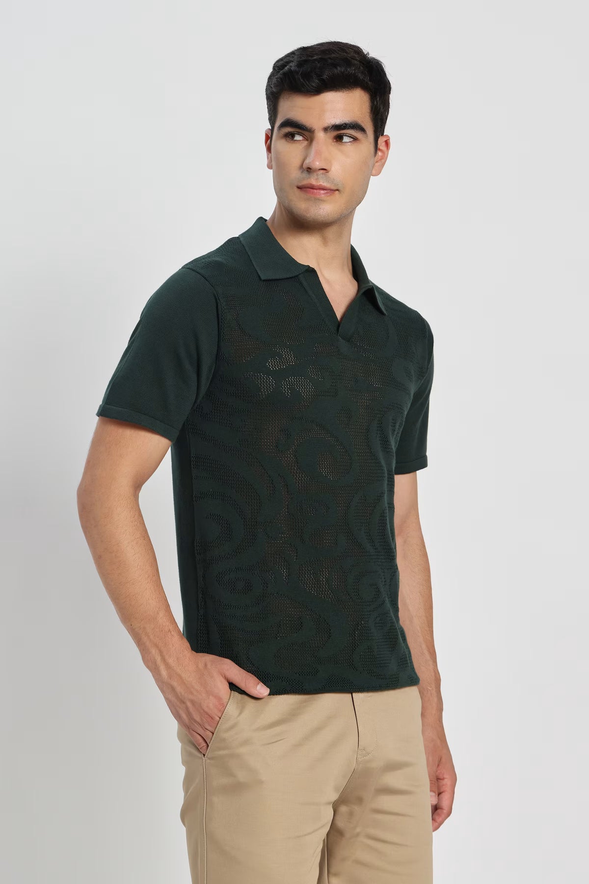 Rauth Men Self-Design Textured Knitted Polo Collar Casual T-Shirt