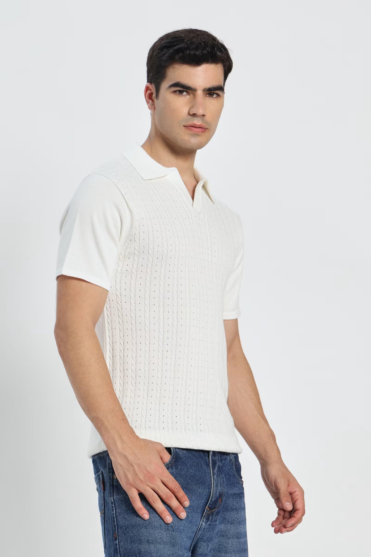 Rauth Men Cable Knitted Textured Polo Collar Casual T-Shirt