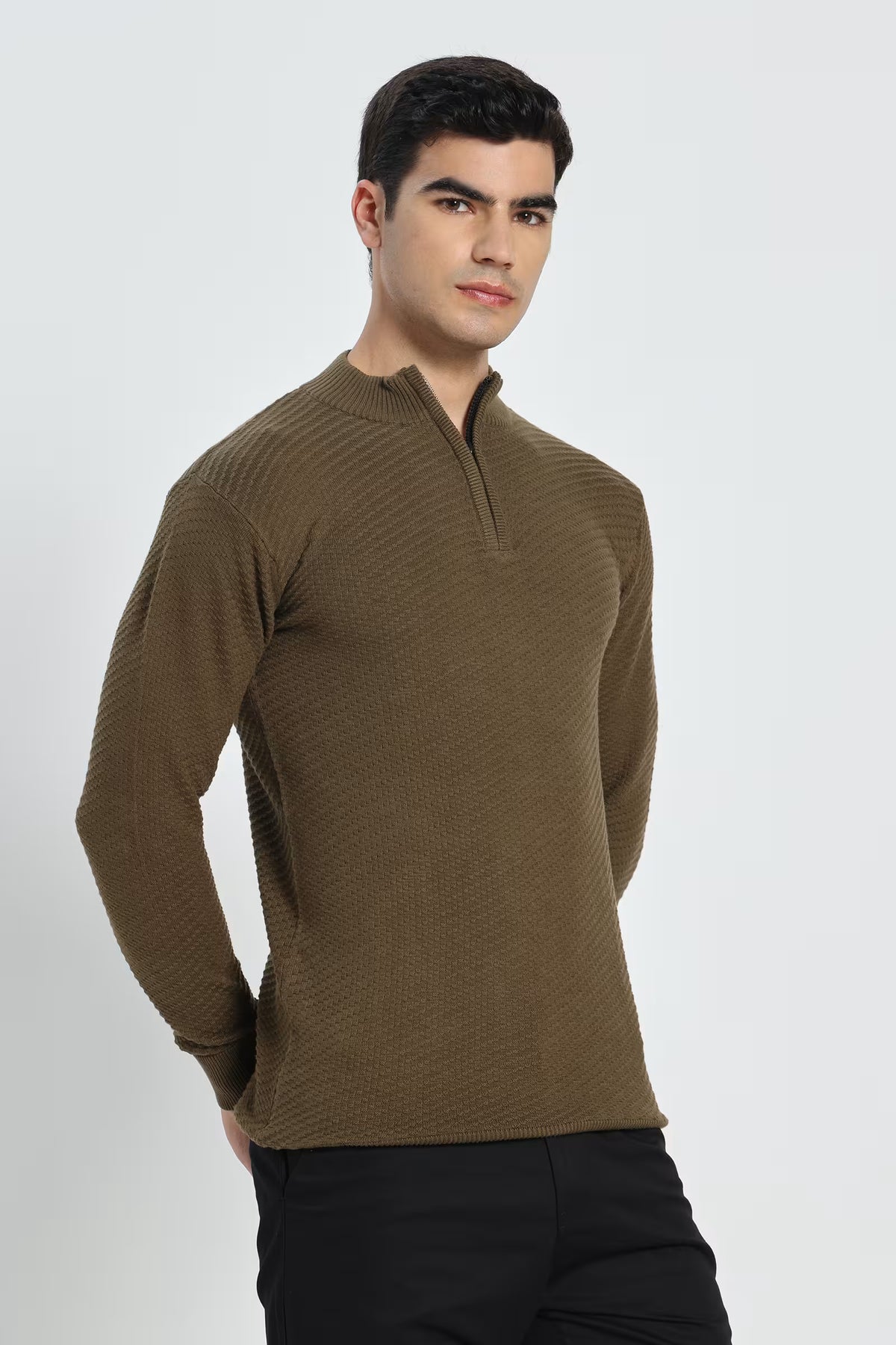 Rauth Men's Solid Half-Zip High Neck Full Sleeve Casual Knitted T-Shirt / Sweater