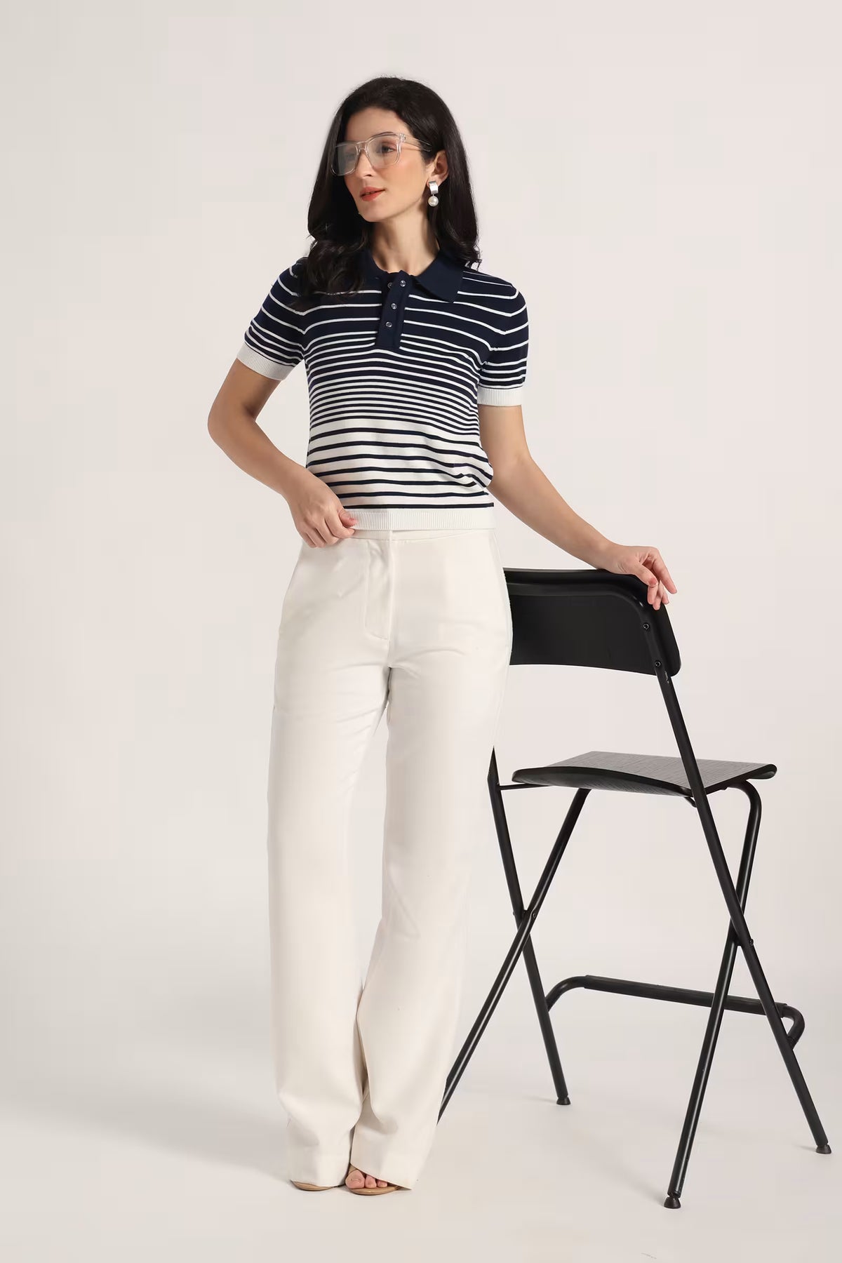 Rauth Women’s Striped Polo Neck T-Shirt Half Sleeve Knitted Top Regular Fit Casual Stylish Ribbed Collar Button Placket T-Shirt for Women