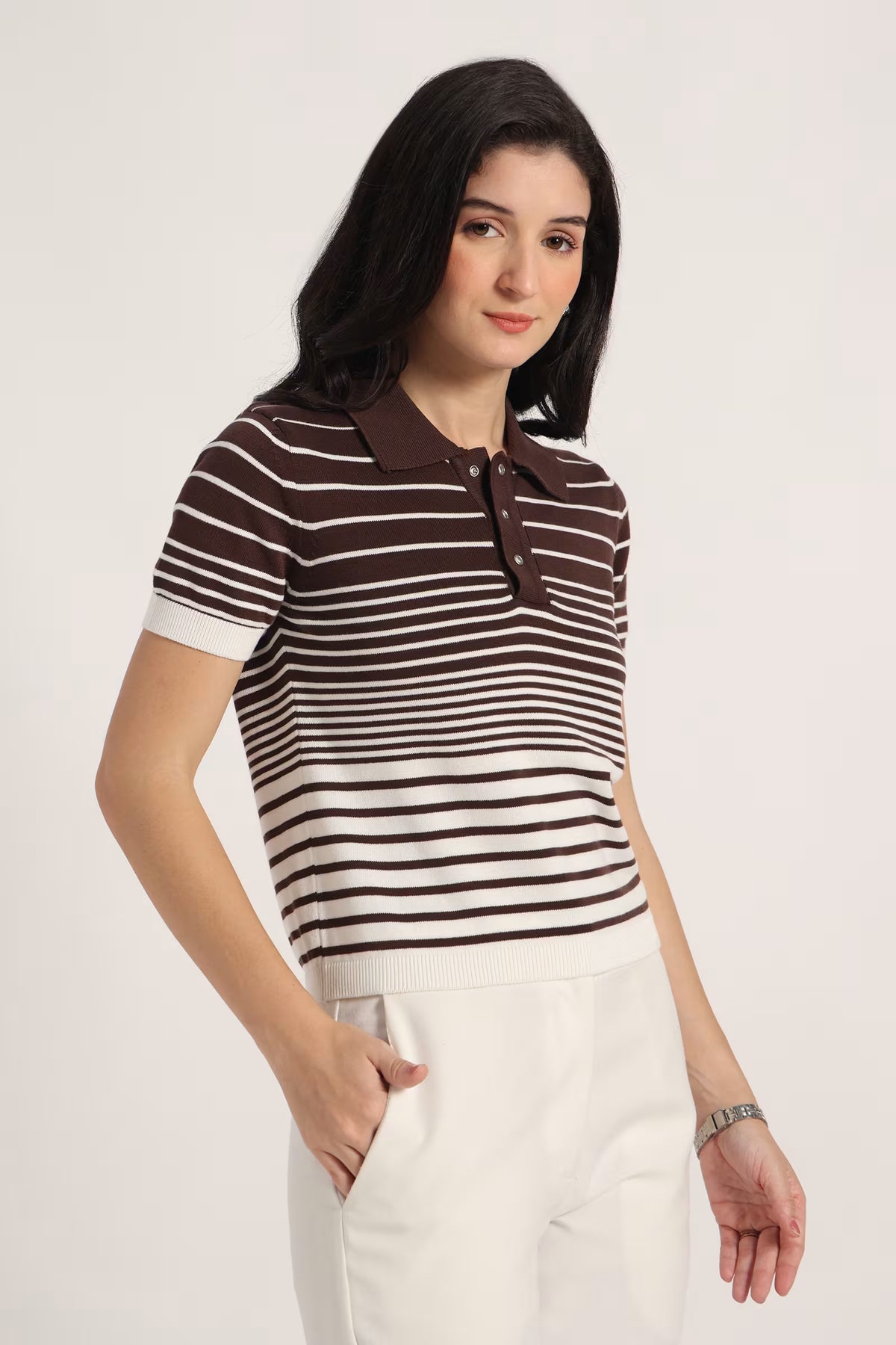 Rauth Women’s Striped Polo Neck T-Shirt Half Sleeve Knitted Top Regular Fit Casual Stylish Ribbed Collar Button Placket T-Shirt for Women