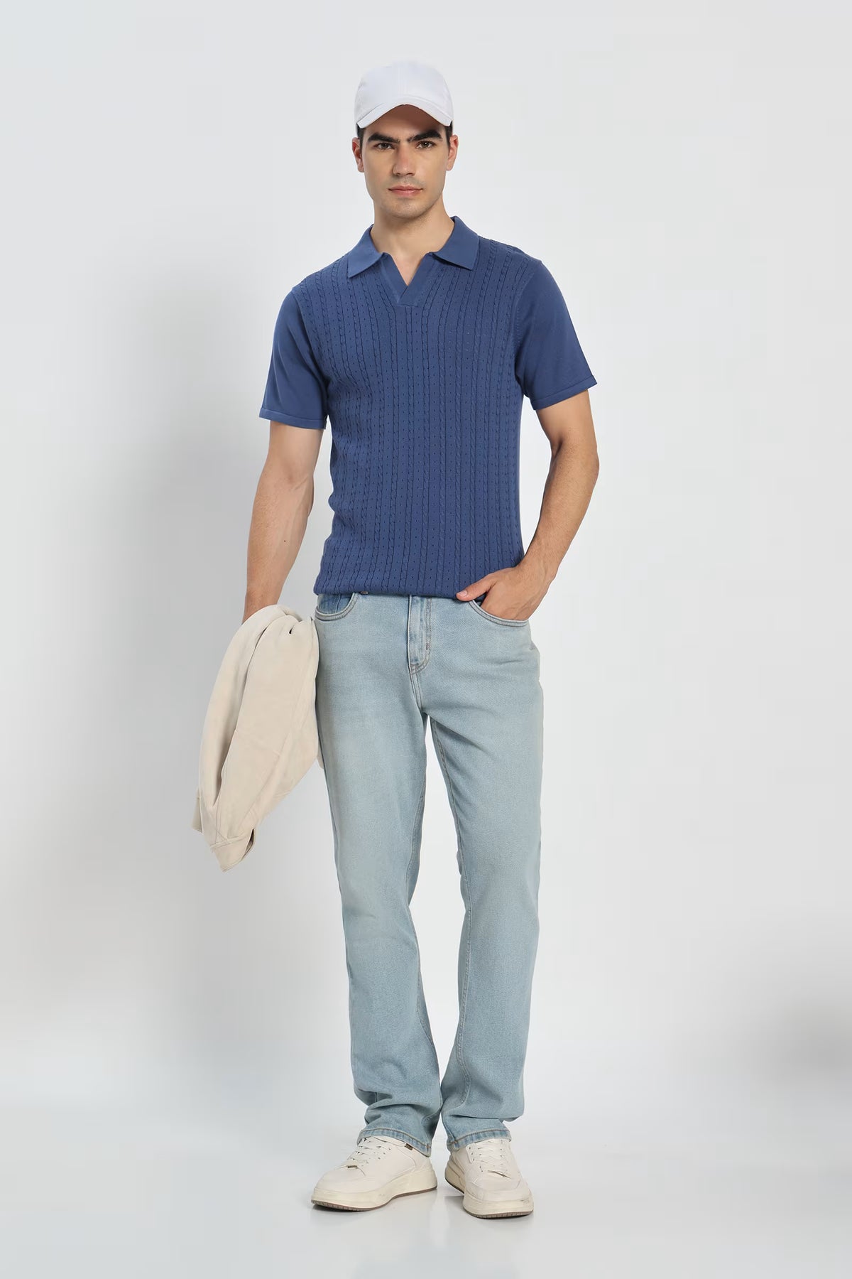 Rauth Men Cable Knitted Textured Polo Collar Casual T-Shirt