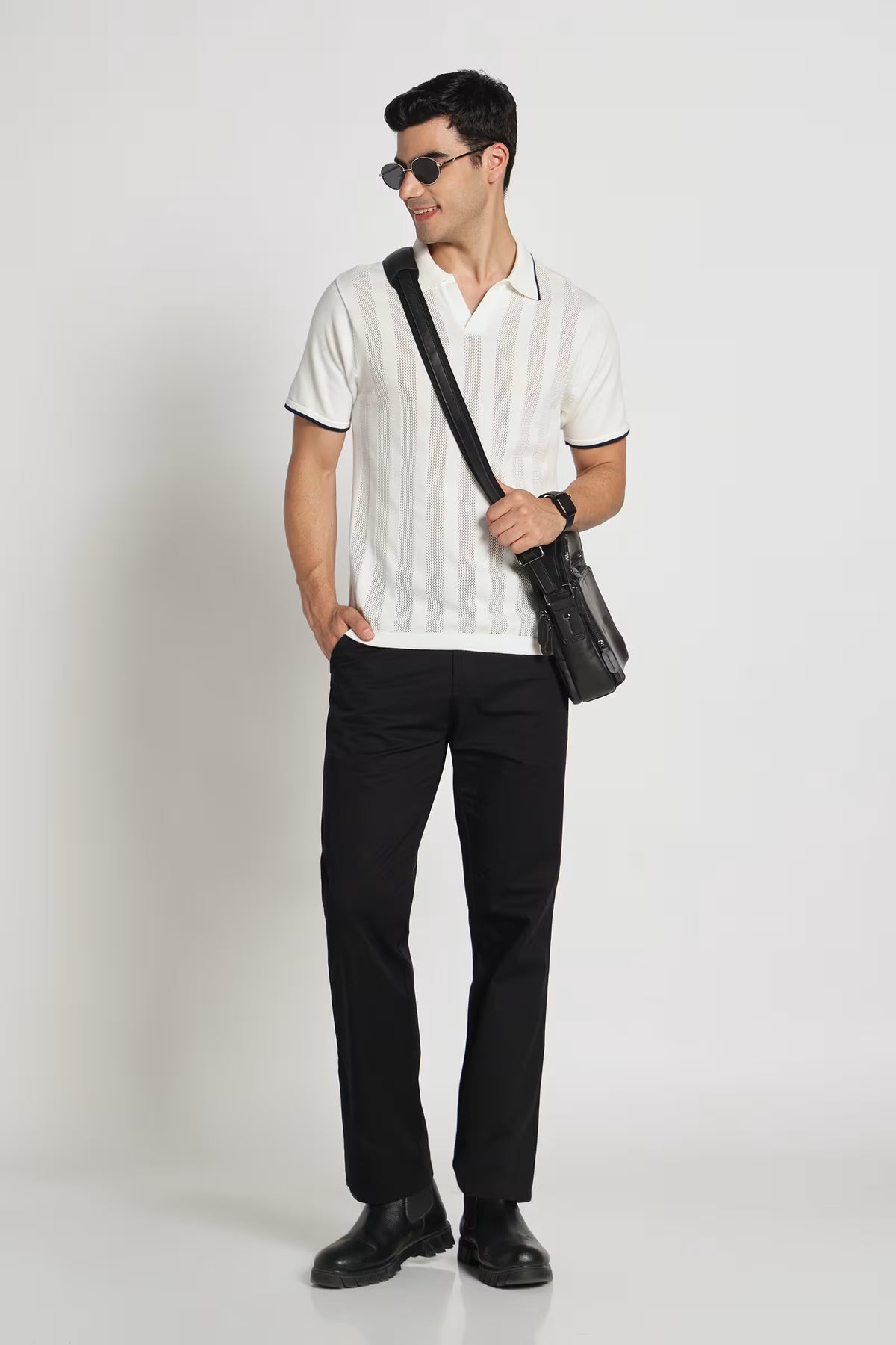 Rauth Men Striped Textured Knitted Polo Collar Casual T-Shirt