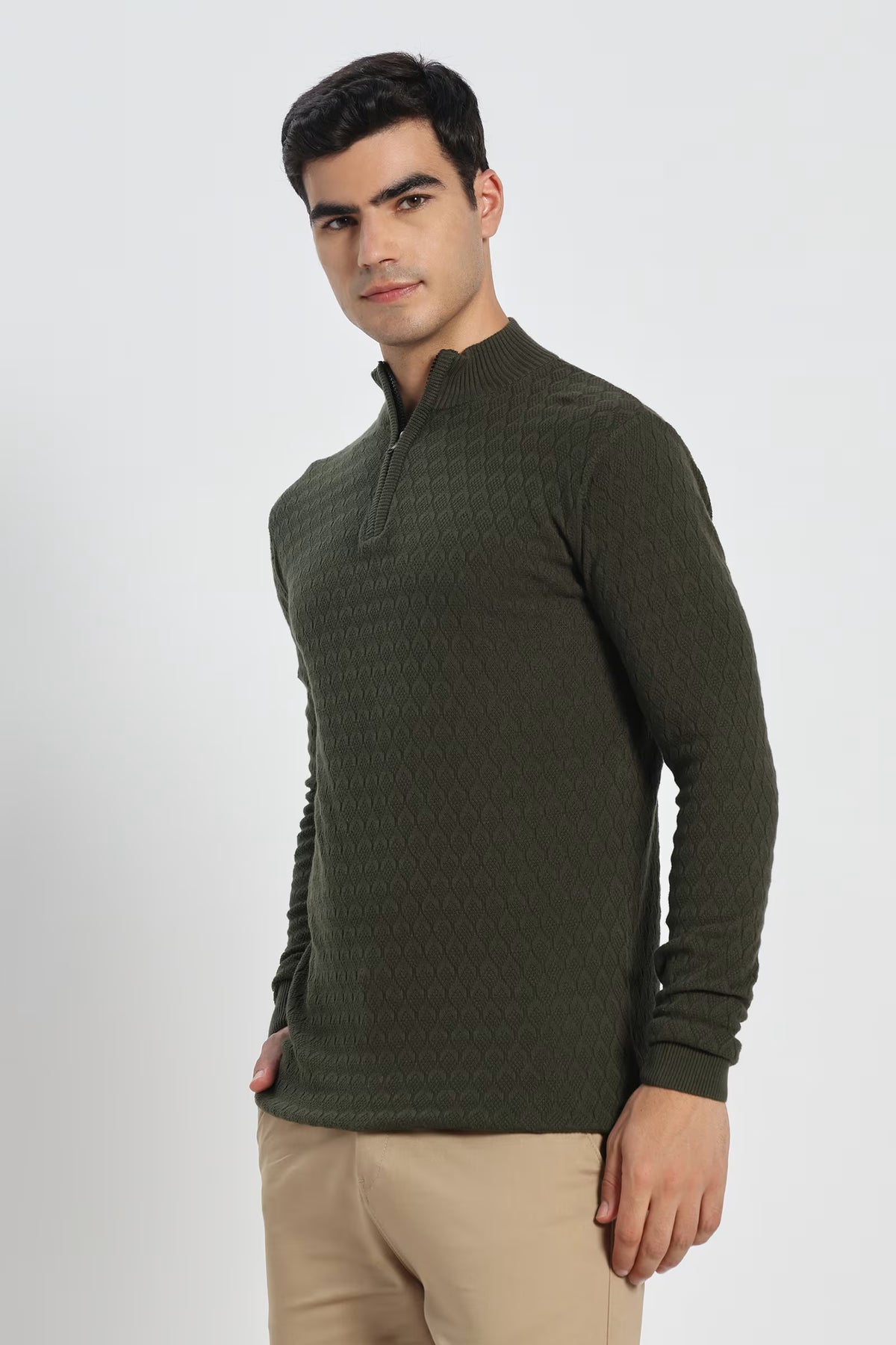 Rauth Men's Solid Half-Zip High Neck Full Sleeve Casual Knitted T-Shirt / Sweater