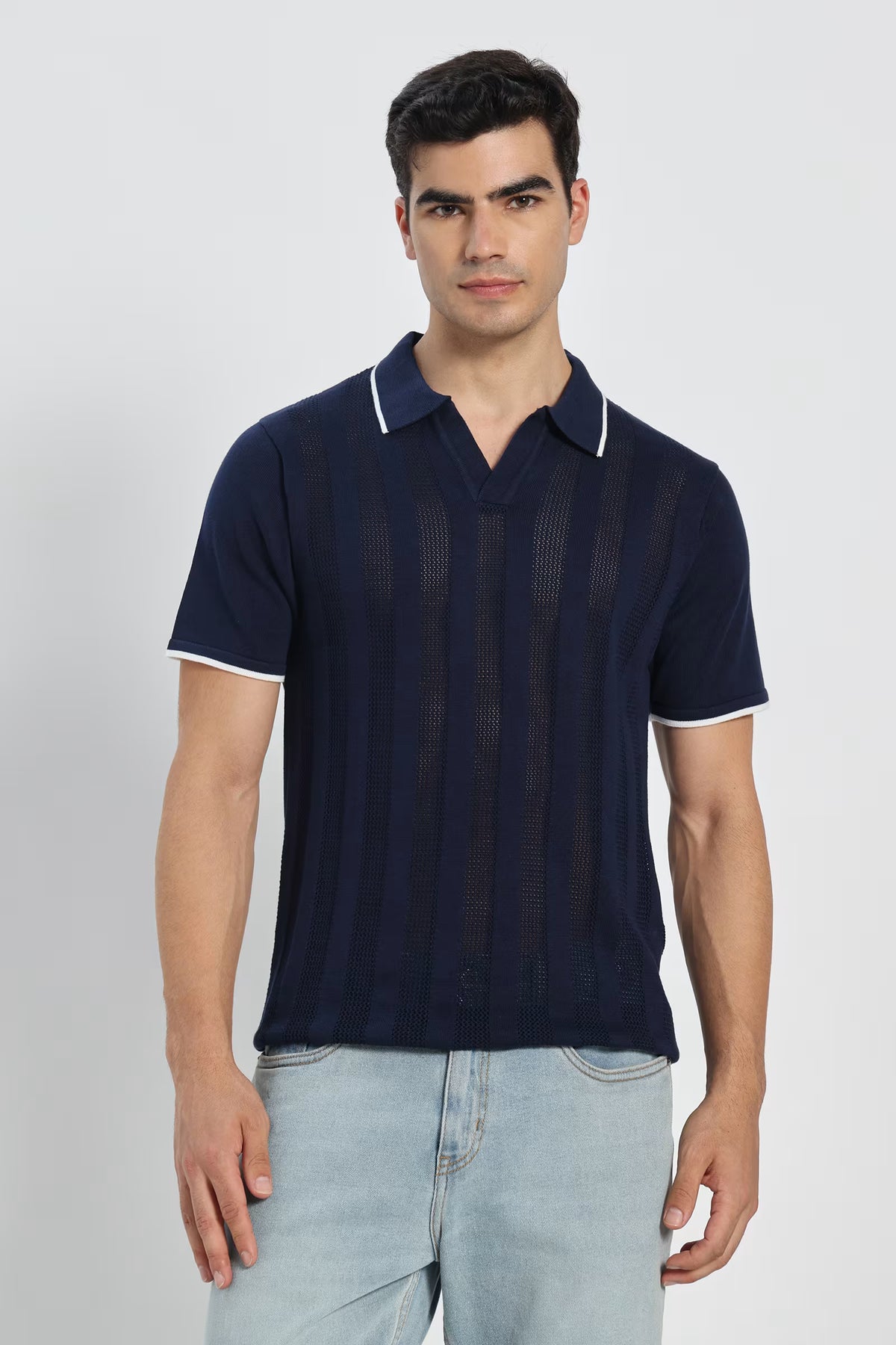 Rauth Men Striped Textured Knitted Polo Collar Casual T-Shirt
