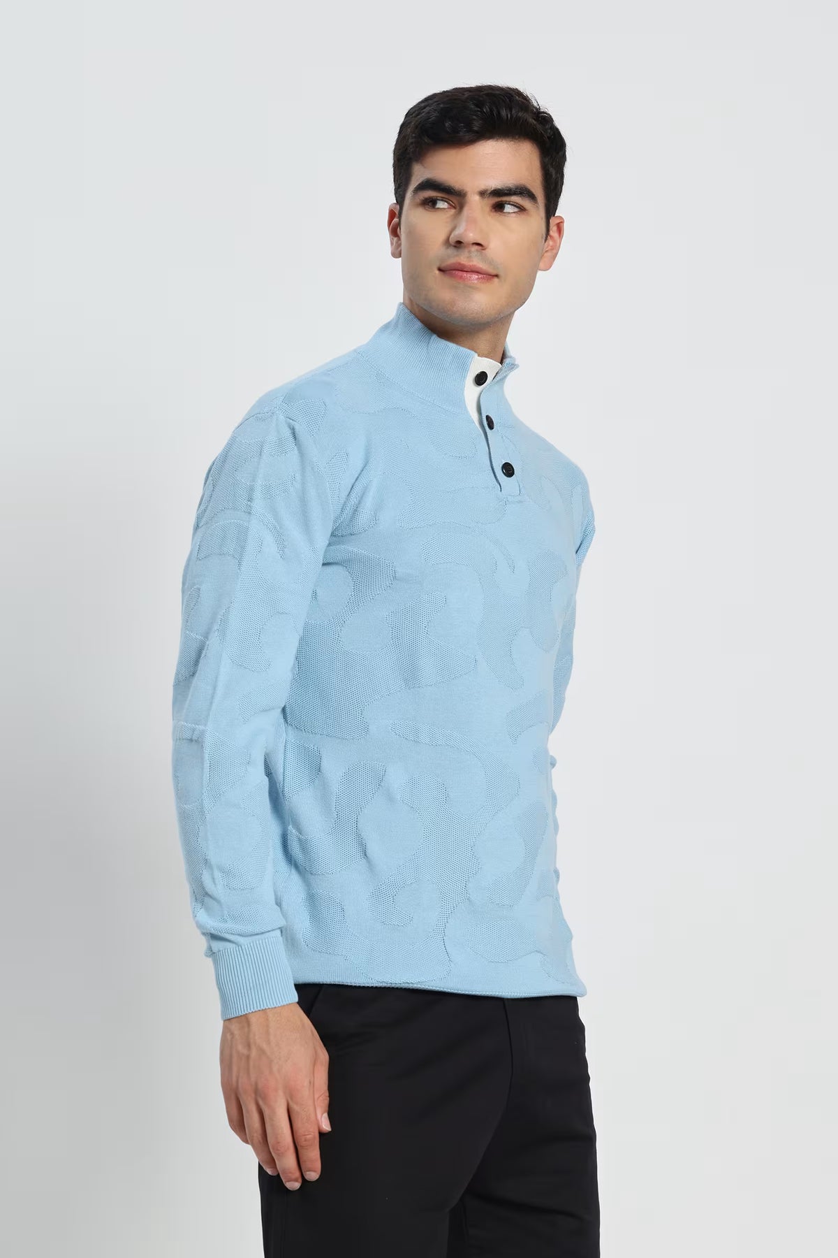 Rauth Men Textured Knitted Mock Neck Full Sleeve Casual T-Shirt / Sweater
