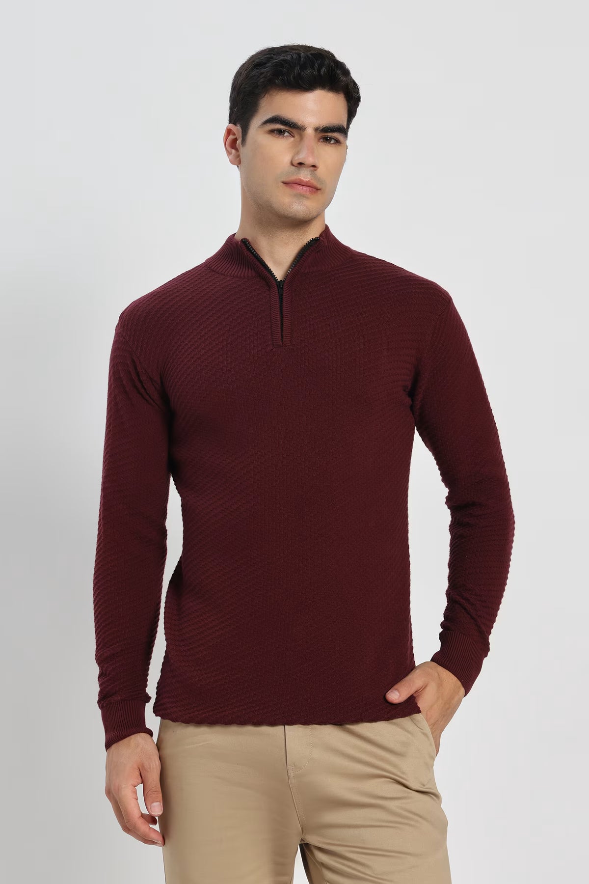 Rauth Men's Solid Half-Zip High Neck Full Sleeve Casual Knitted T-Shirt / Sweater