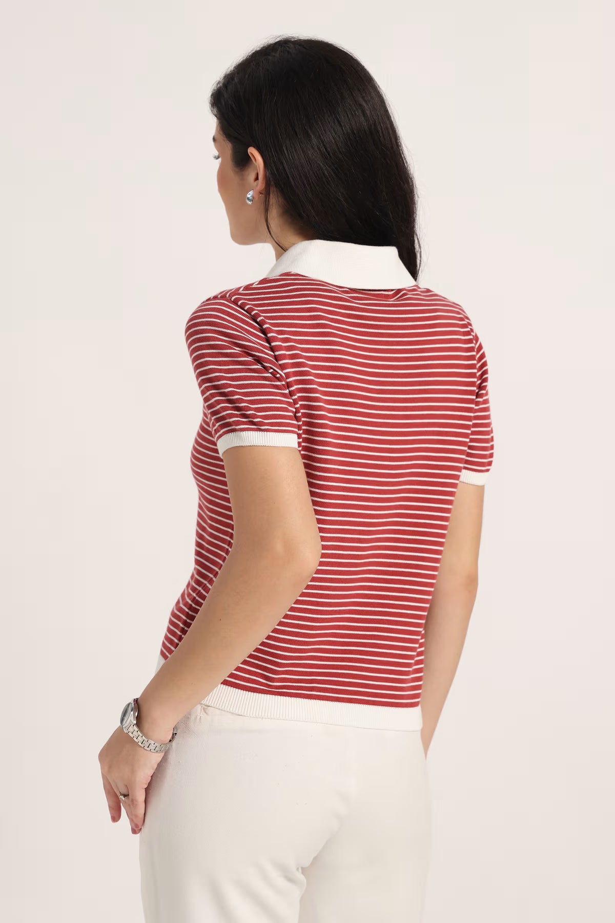 Rauth Women Knitted Polo Collar Top | Short Sleeve Textured Knit T-Shirt | Stylish Casual Western Wear Top for Women