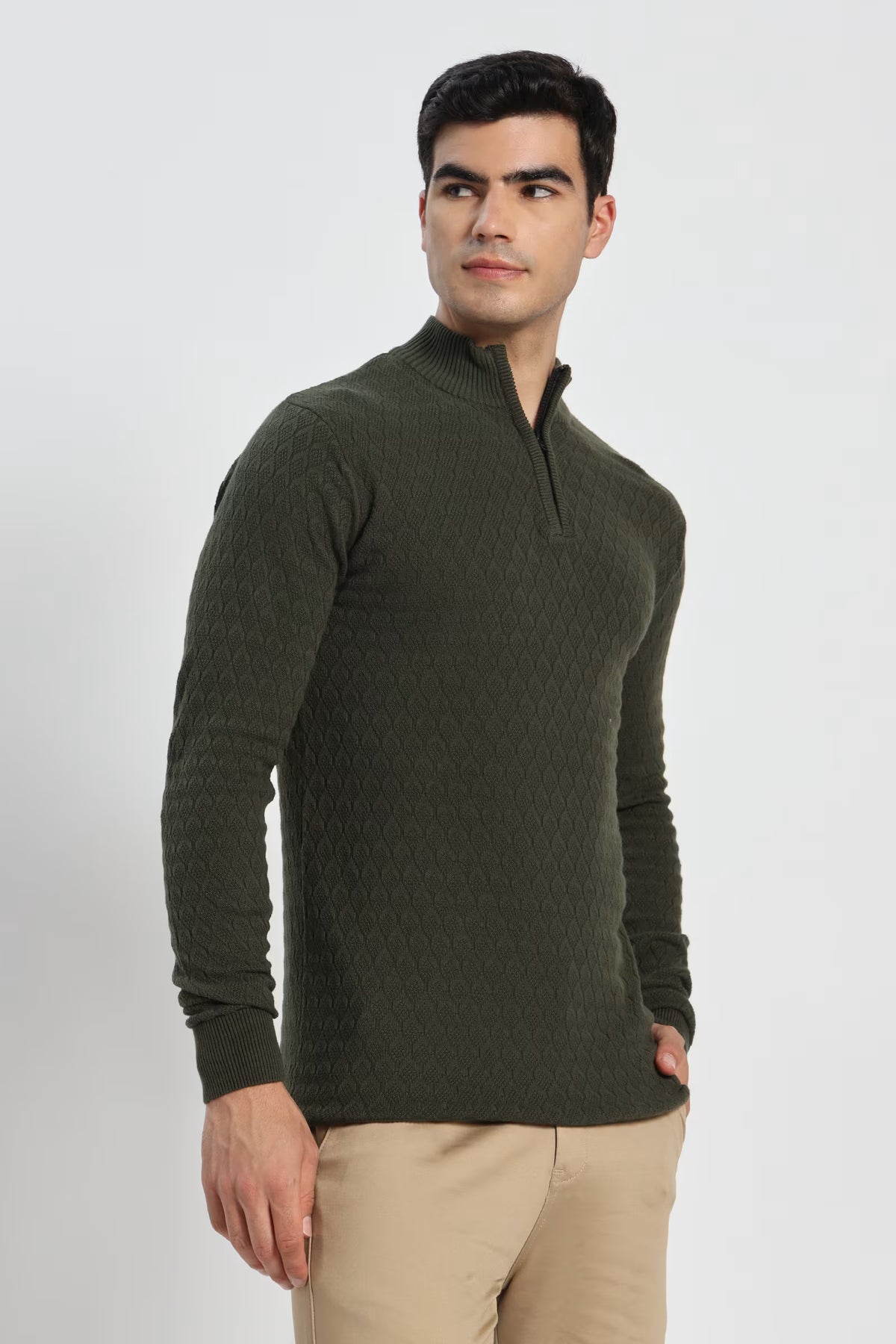 Rauth Men's Solid Half-Zip High Neck Full Sleeve Casual Knitted T-Shirt / Sweater