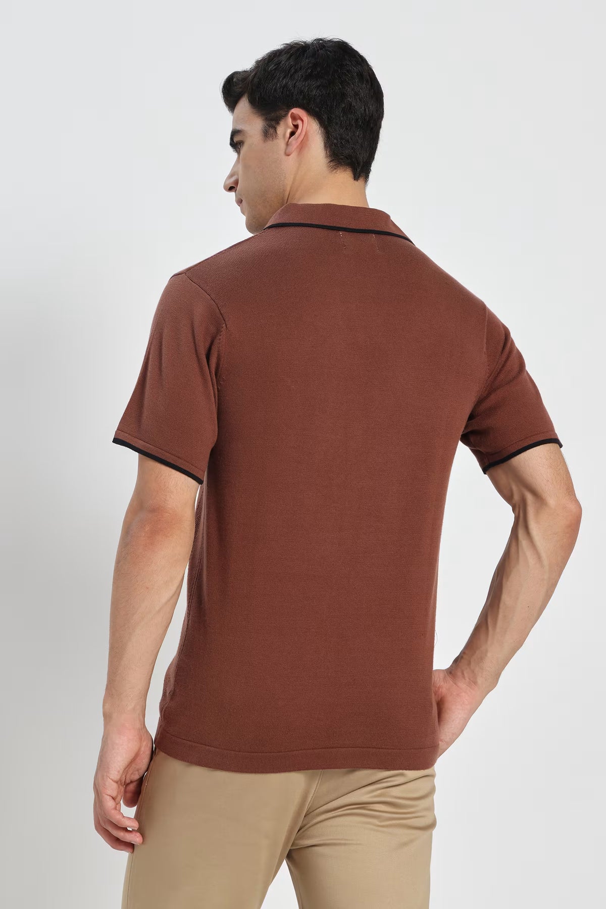 Rauth Men Striped Textured Knitted Polo Collar Casual T-Shirt