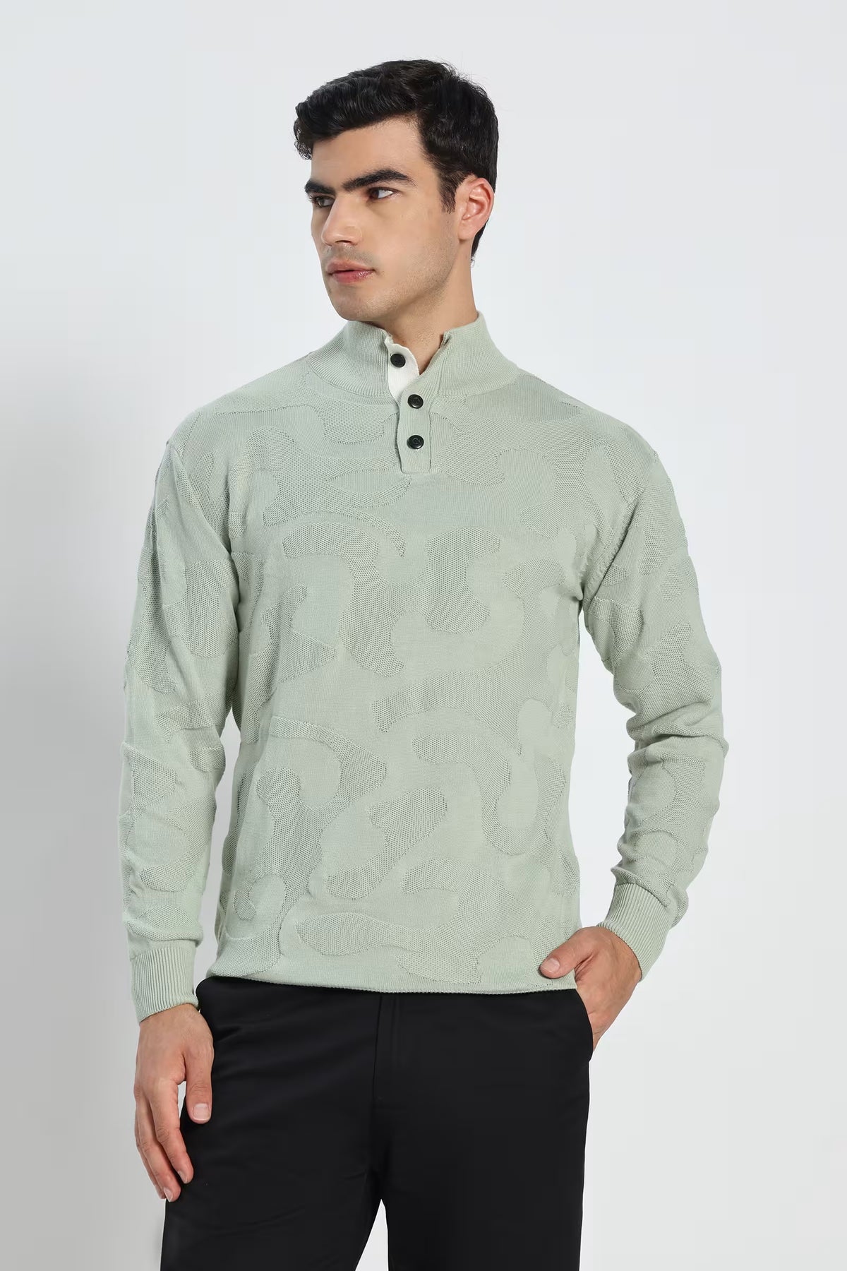 Rauth Men Textured Knitted Mock Neck Full Sleeve Casual T-Shirt / Sweater