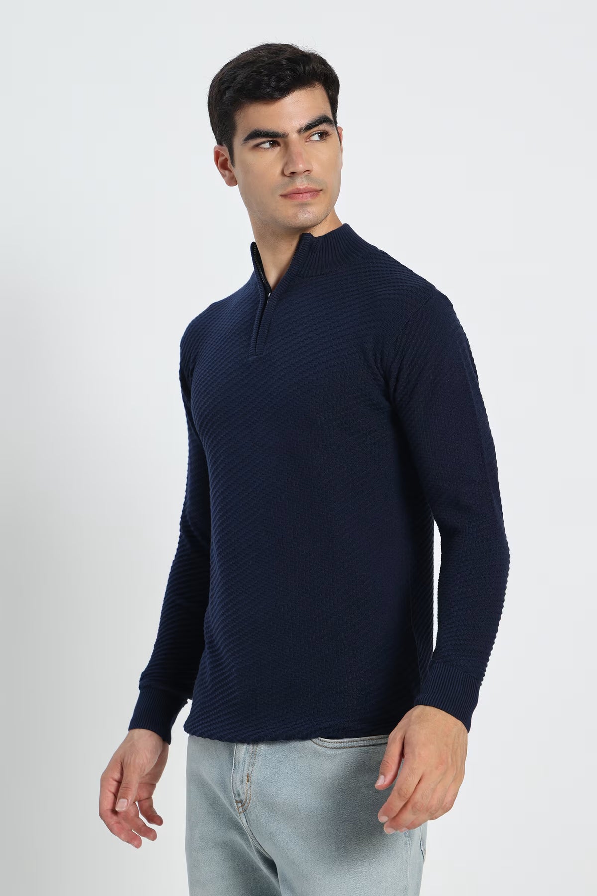 Rauth Men's Solid Half-Zip High Neck Full Sleeve Casual Knitted T-Shirt / Sweater