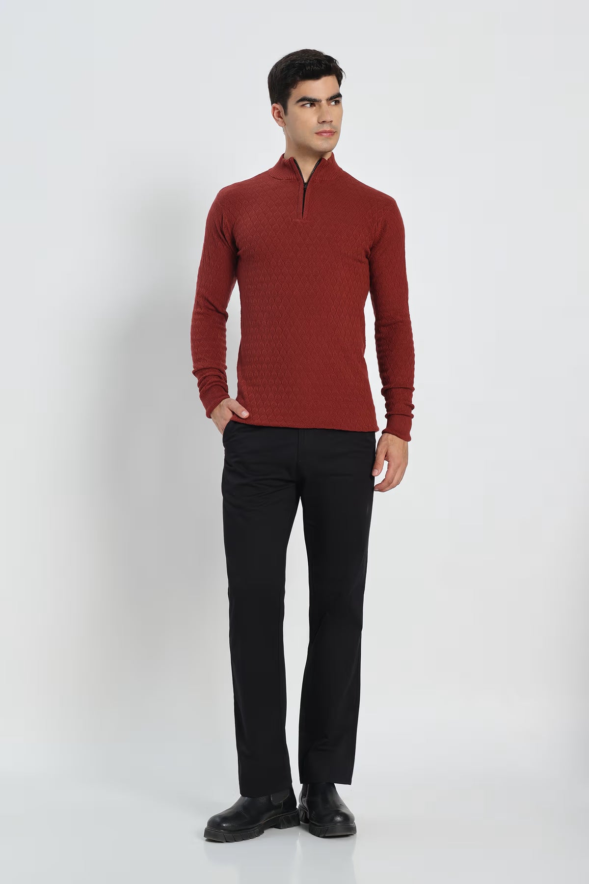 Rauth Men's Solid Half-Zip High Neck Full Sleeve Casual Knitted T-Shirt / Sweater