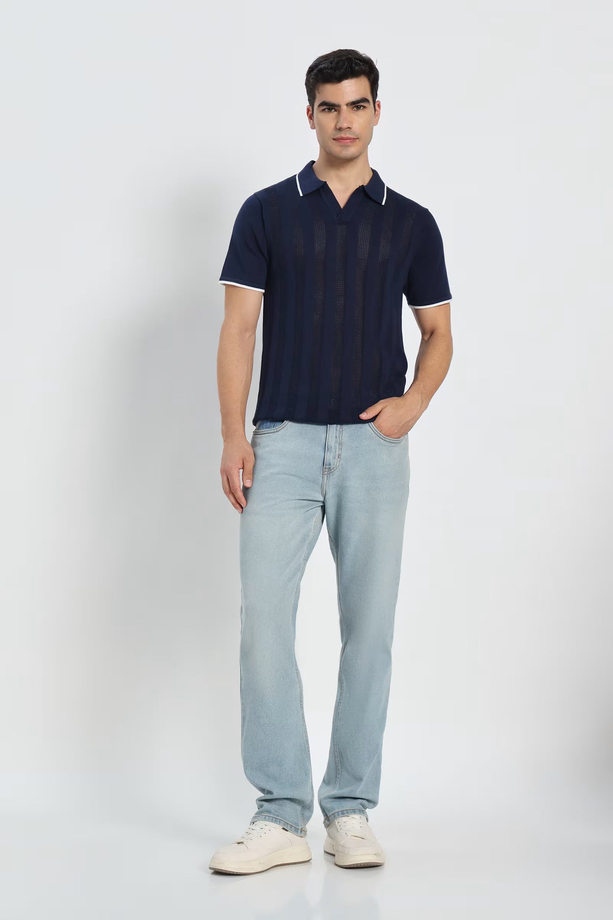 Rauth Men Striped Textured Knitted Polo Collar Casual T-Shirt