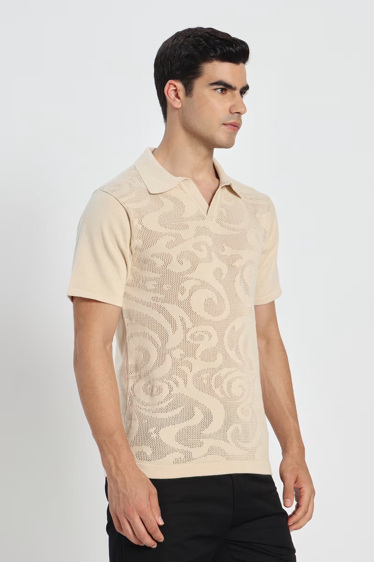 Rauth Men Self-Design Textured Knitted Polo Collar Casual T-Shirt