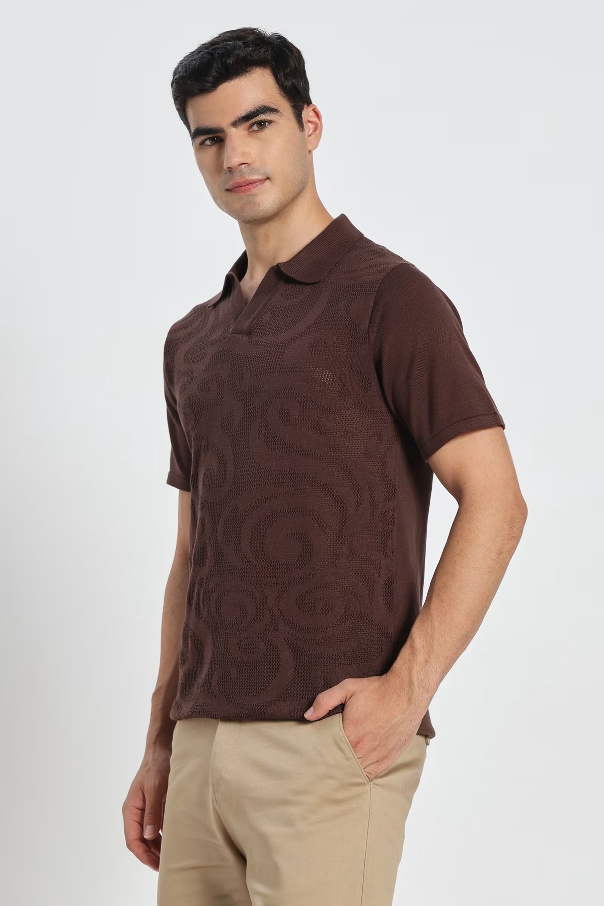 Rauth Men Self-Design Textured Knitted Polo Collar Casual T-Shirt
