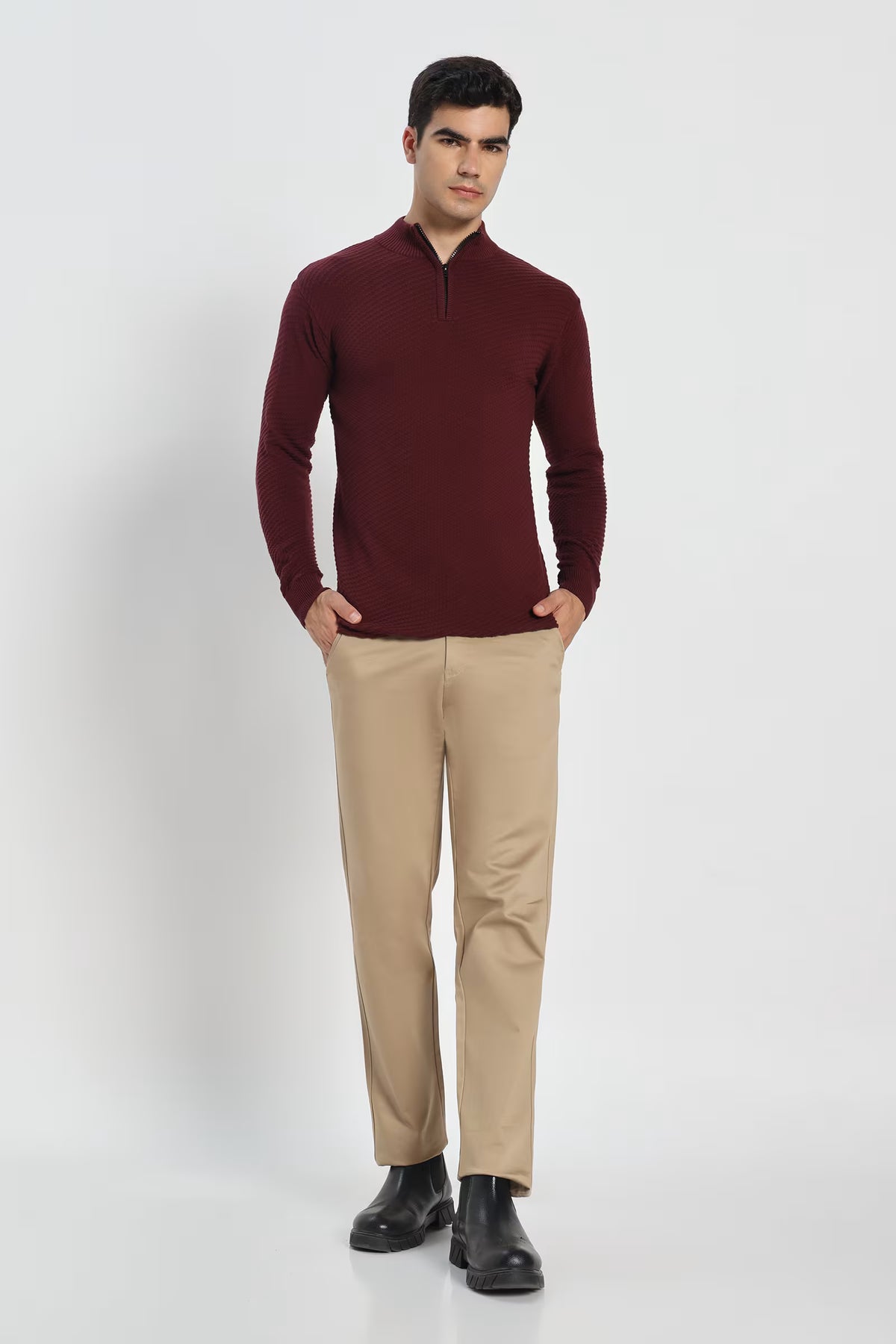 Rauth Men's Solid Half-Zip High Neck Full Sleeve Casual Knitted T-Shirt / Sweater