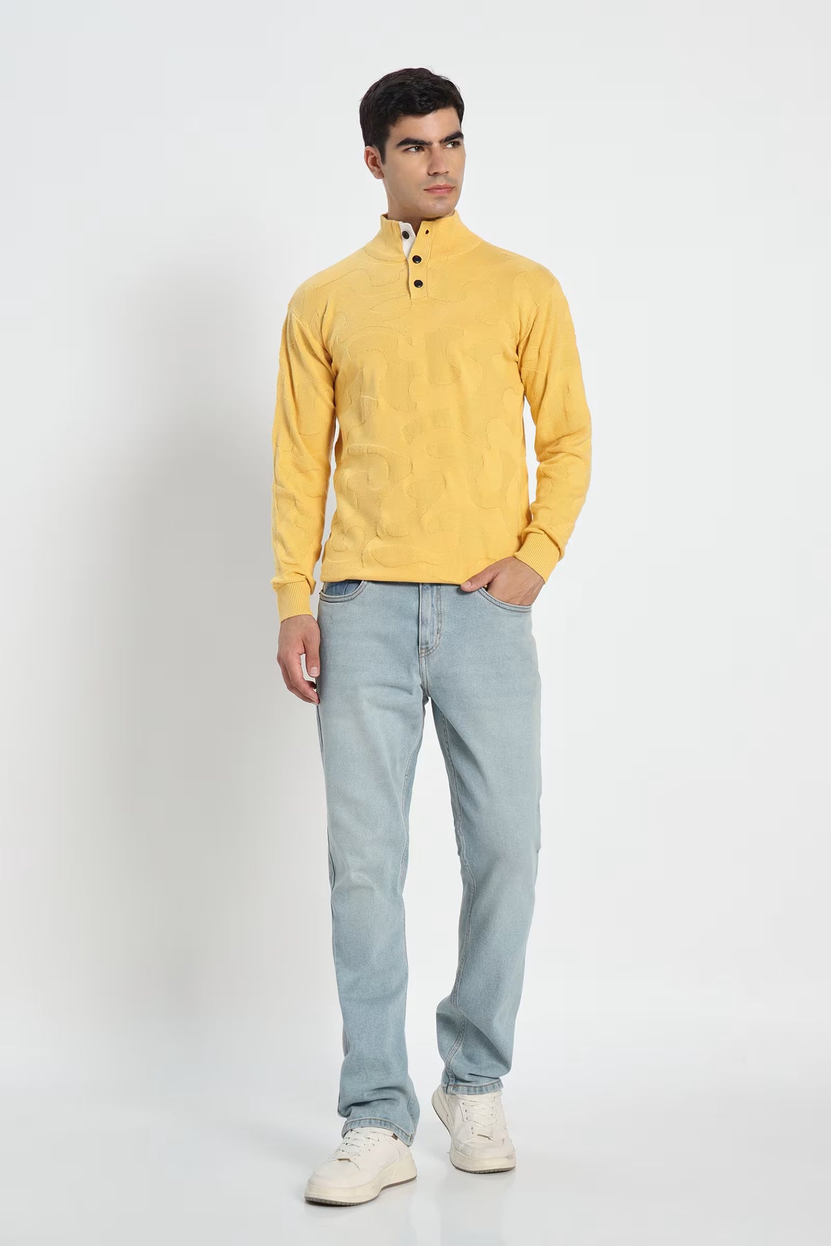 Rauth Men Textured Knitted Mock Neck Full Sleeve Casual T-Shirt / Sweater