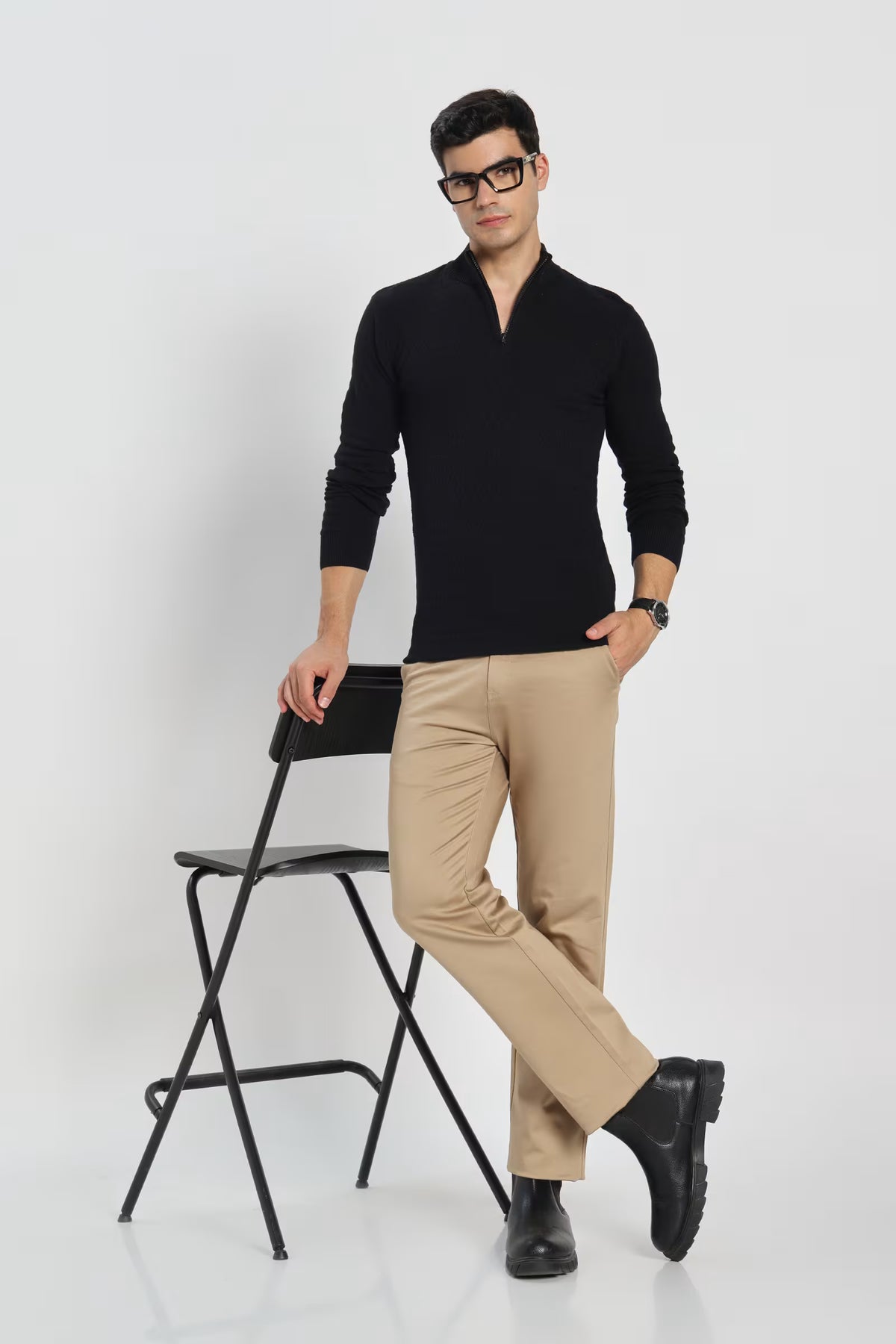 Rauth Men's Solid Half-Zip High Neck Full Sleeve Casual Knitted T-Shirt / Sweater