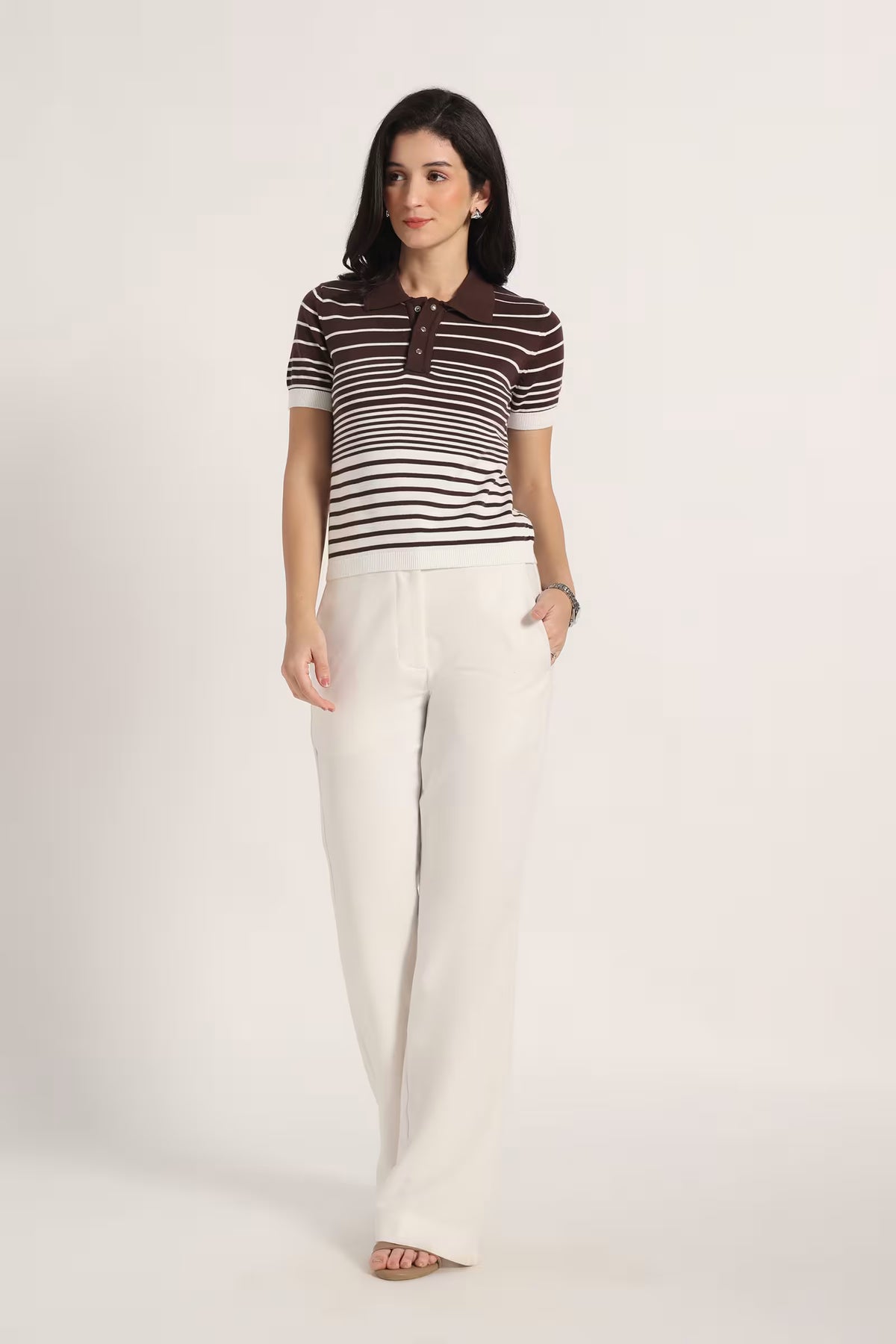 Rauth Women’s Striped Polo Neck T-Shirt Half Sleeve Knitted Top Regular Fit Casual Stylish Ribbed Collar Button Placket T-Shirt for Women