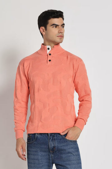 Rauth Men Textured Knitted Mock Neck Full Sleeve Casual T-Shirt / Sweater