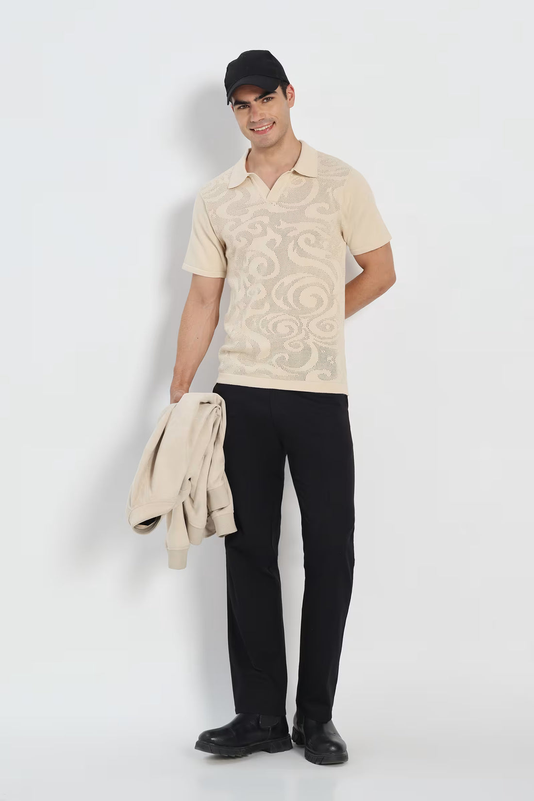 Rauth Men Self-Design Textured Knitted Polo Collar Casual T-Shirt